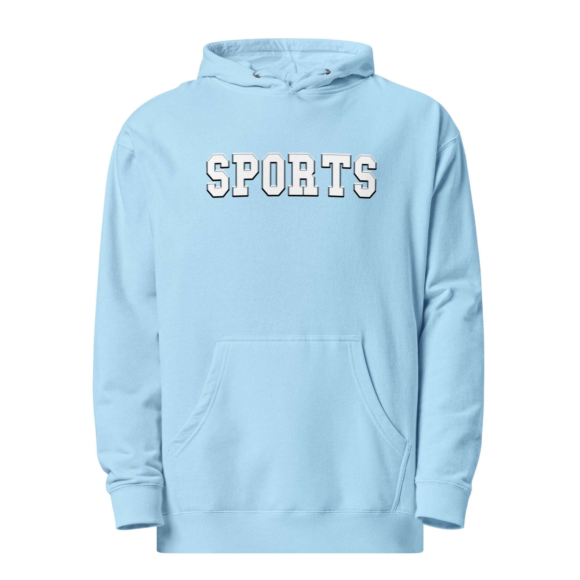 a light blue hoodie with the words sports on it