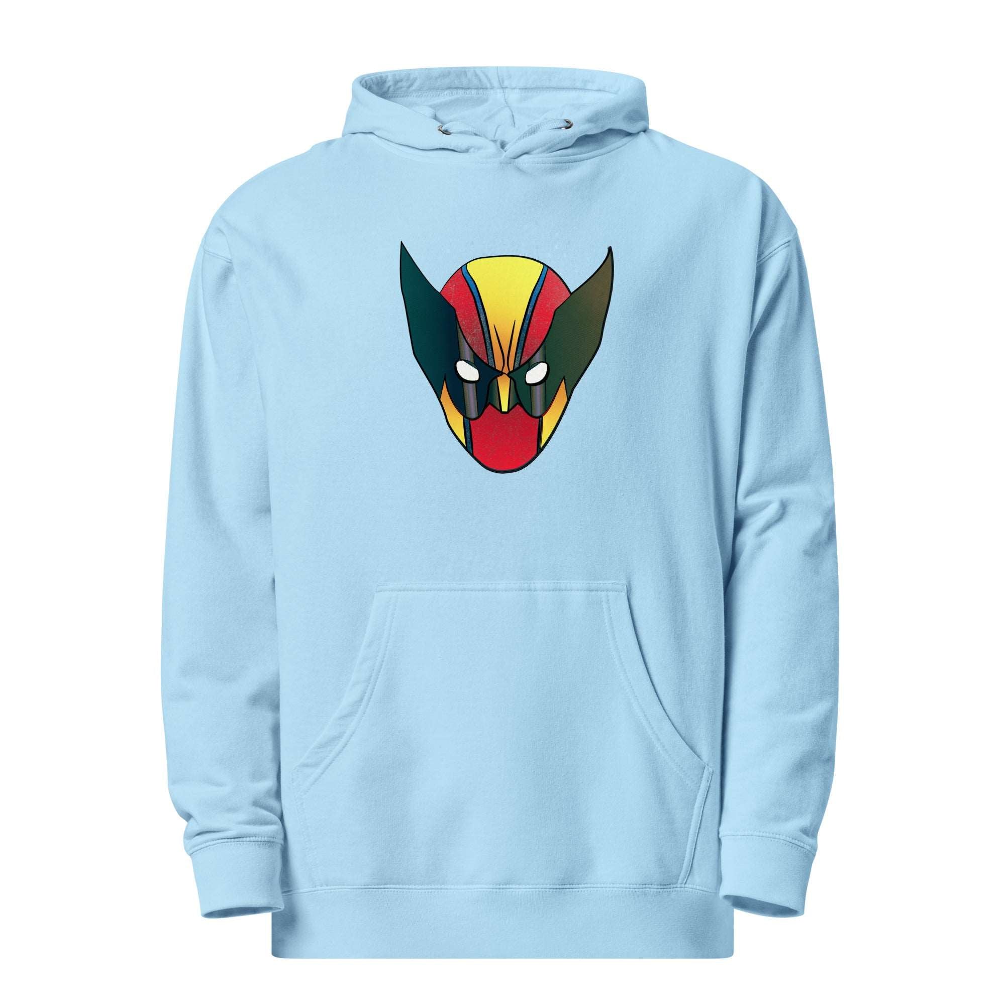 a blue hoodie with an image of a demon head on it