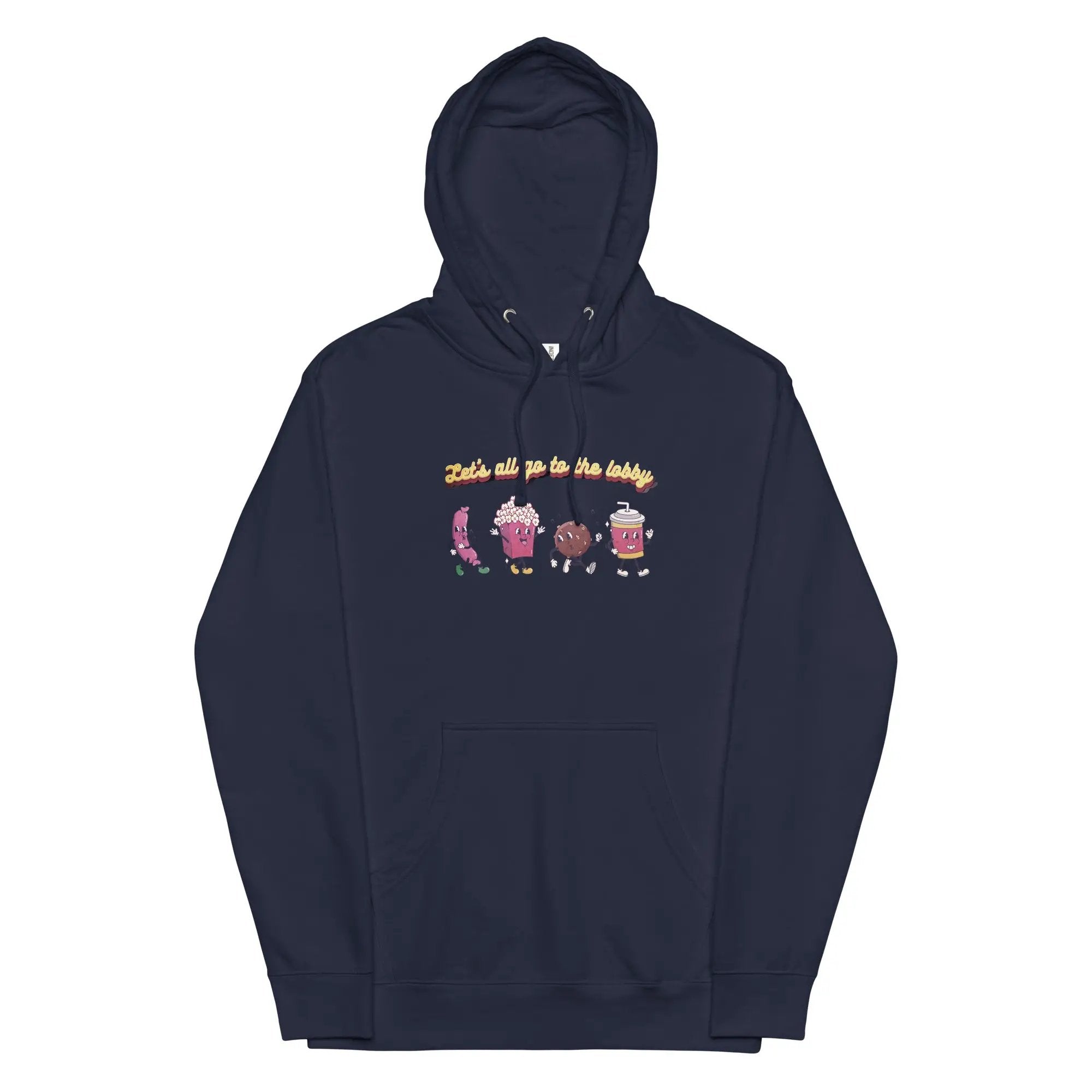 a dark blue hoodie with a cartoon character on it