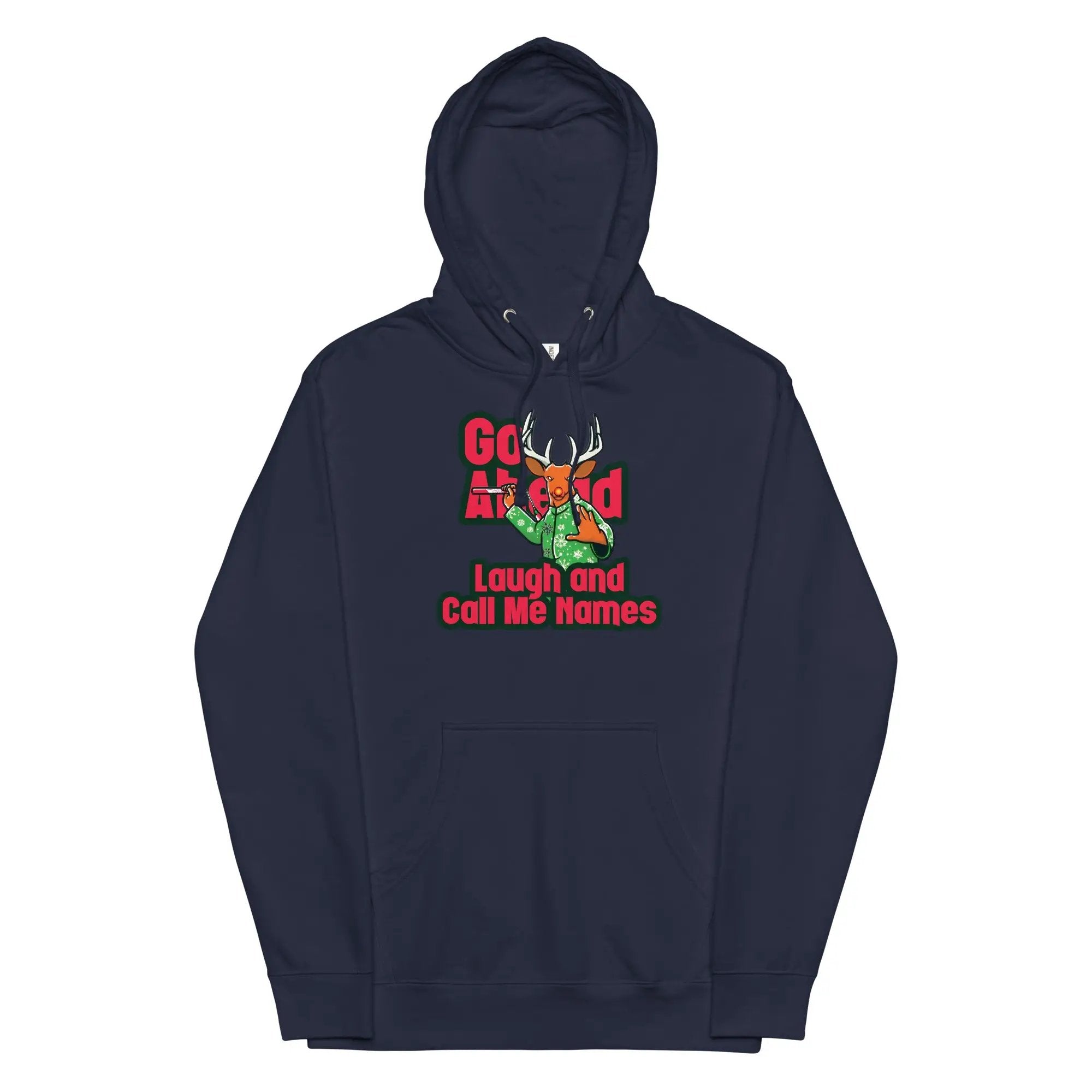 a navy hoodie with the words go hard, laugh and call me home