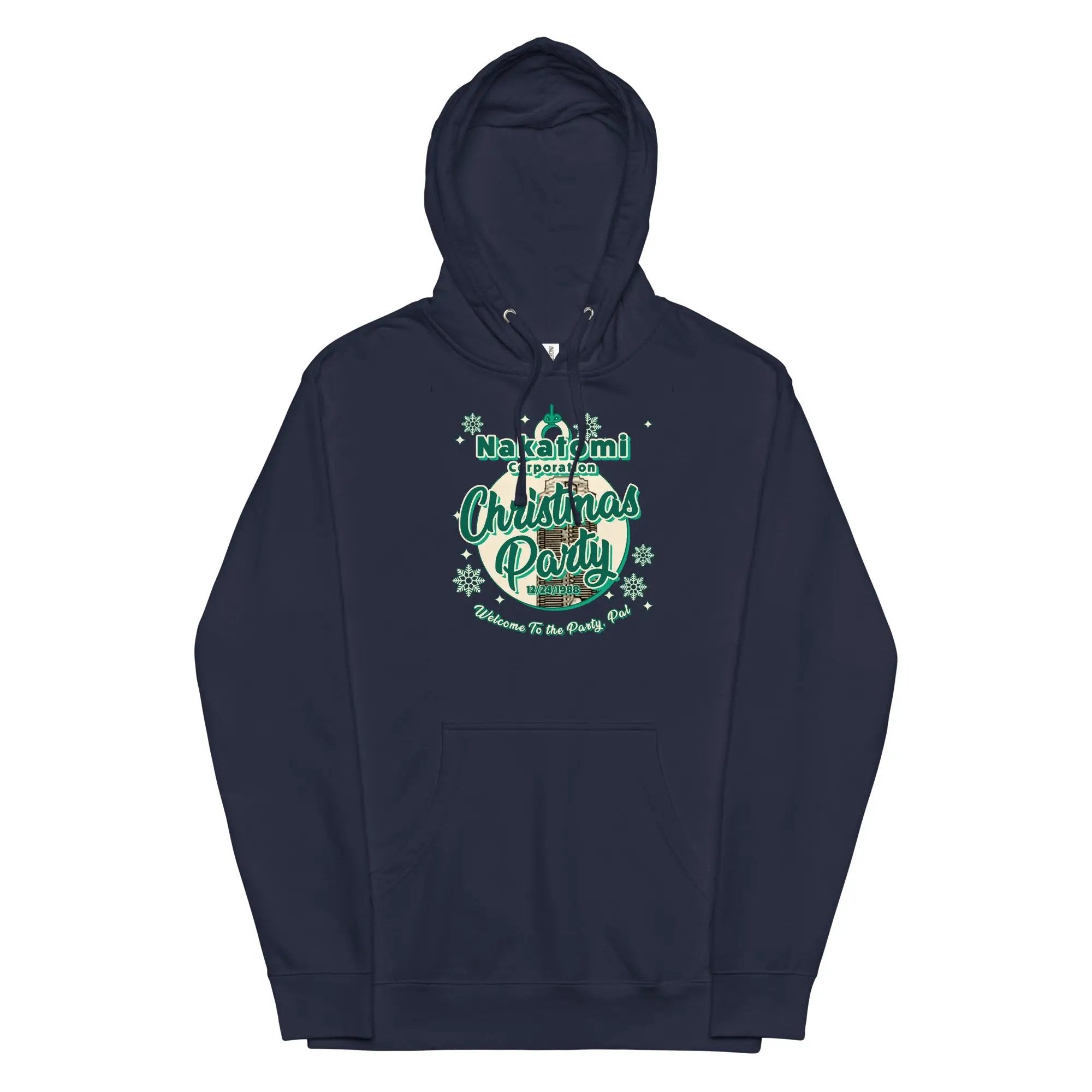 a dark blue hoodie with a green and white design on it