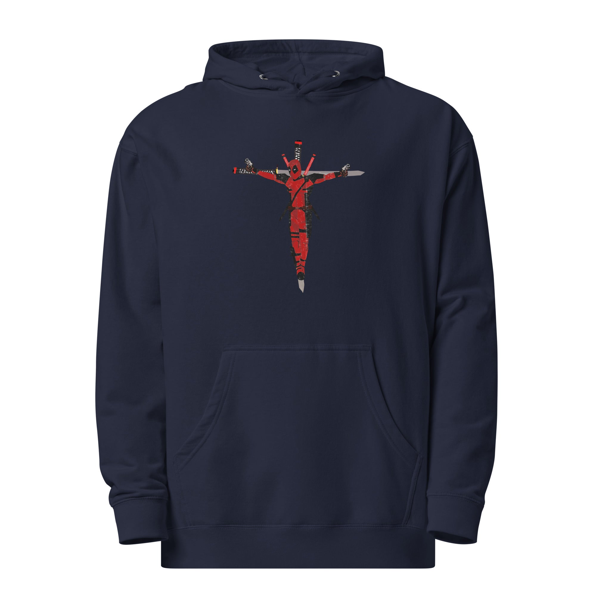 a blue hoodie with a red cross on it