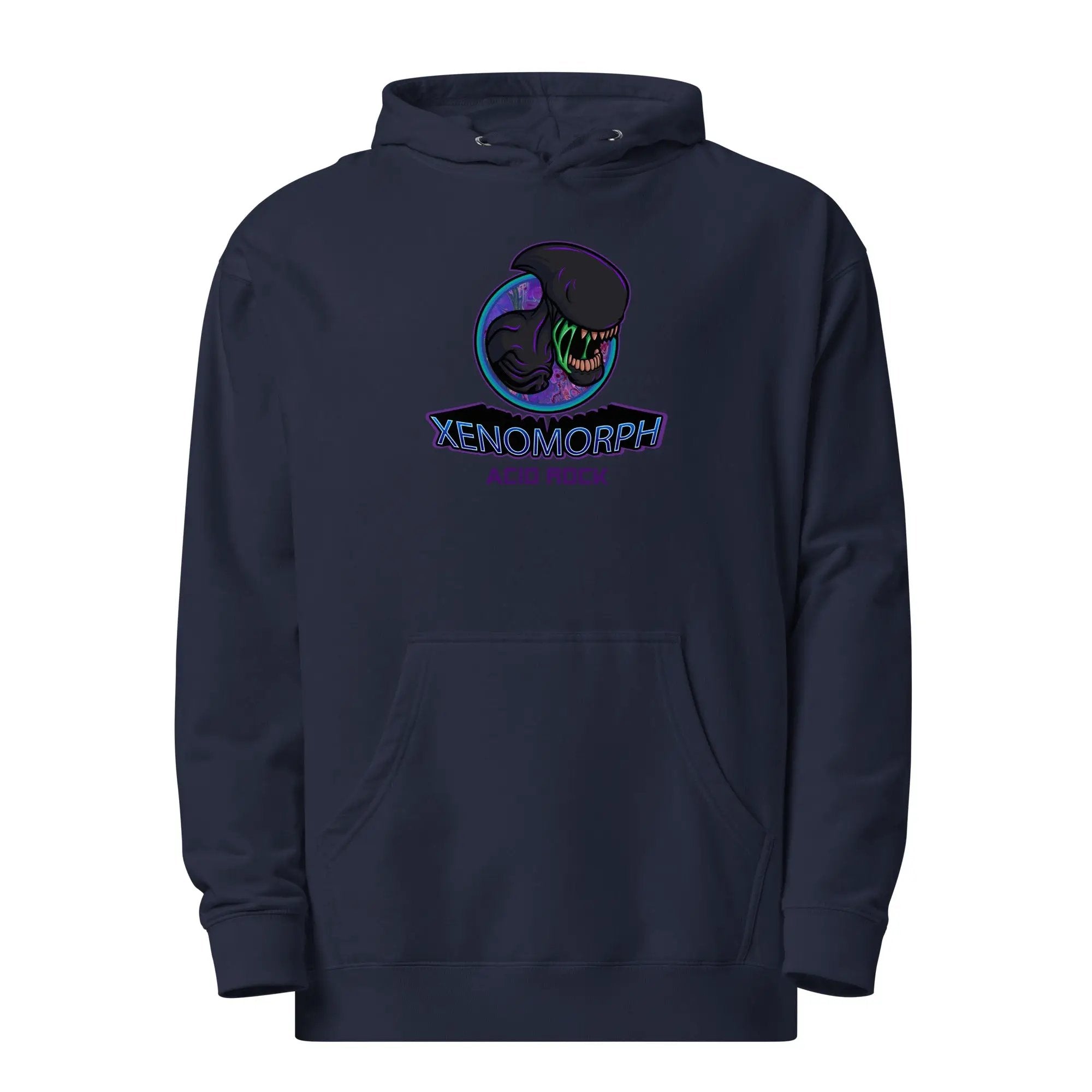 a dark blue hoodie with the kennomorph logo on it