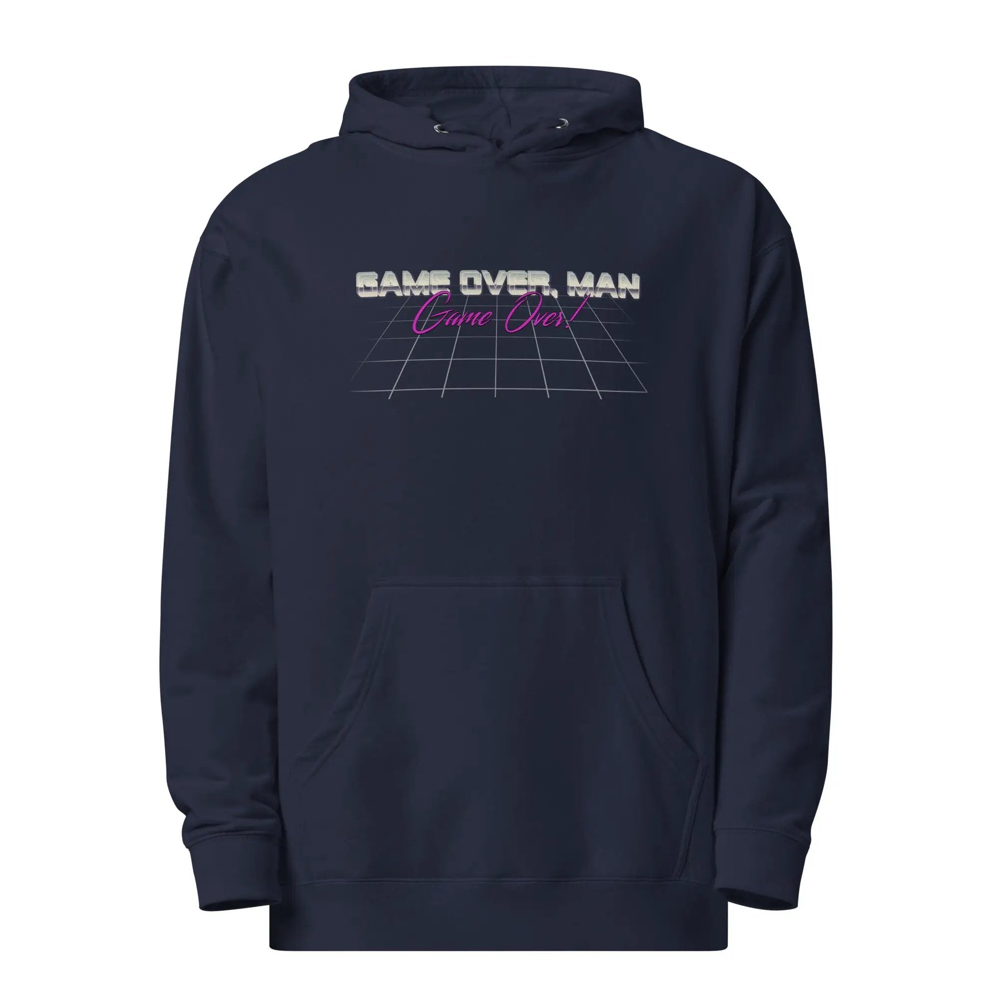 a navy hoodie with the words same over man on it
