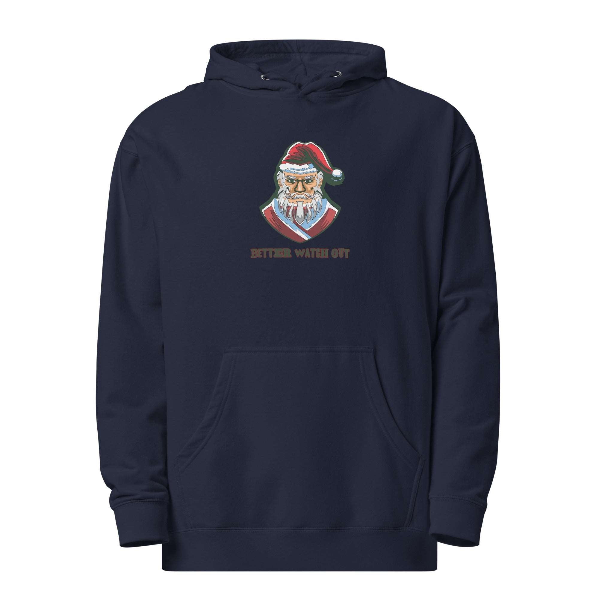 a dark blue hoodie with a santa clause on it