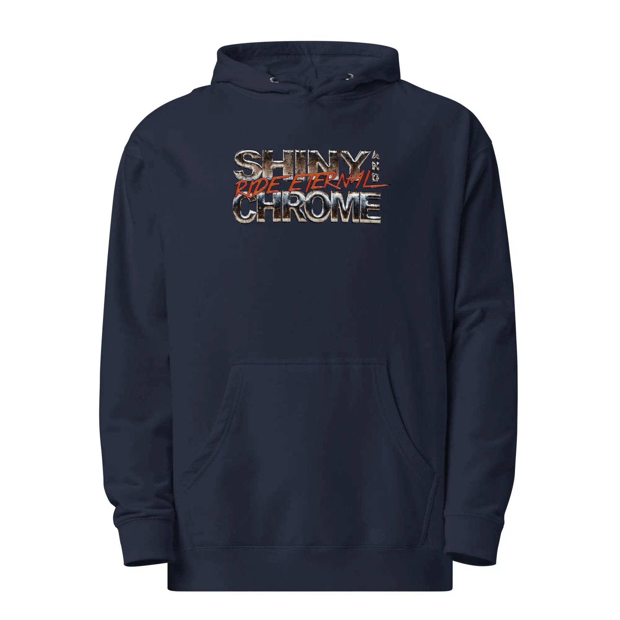 a navy hoodie with the words shine chrome on it