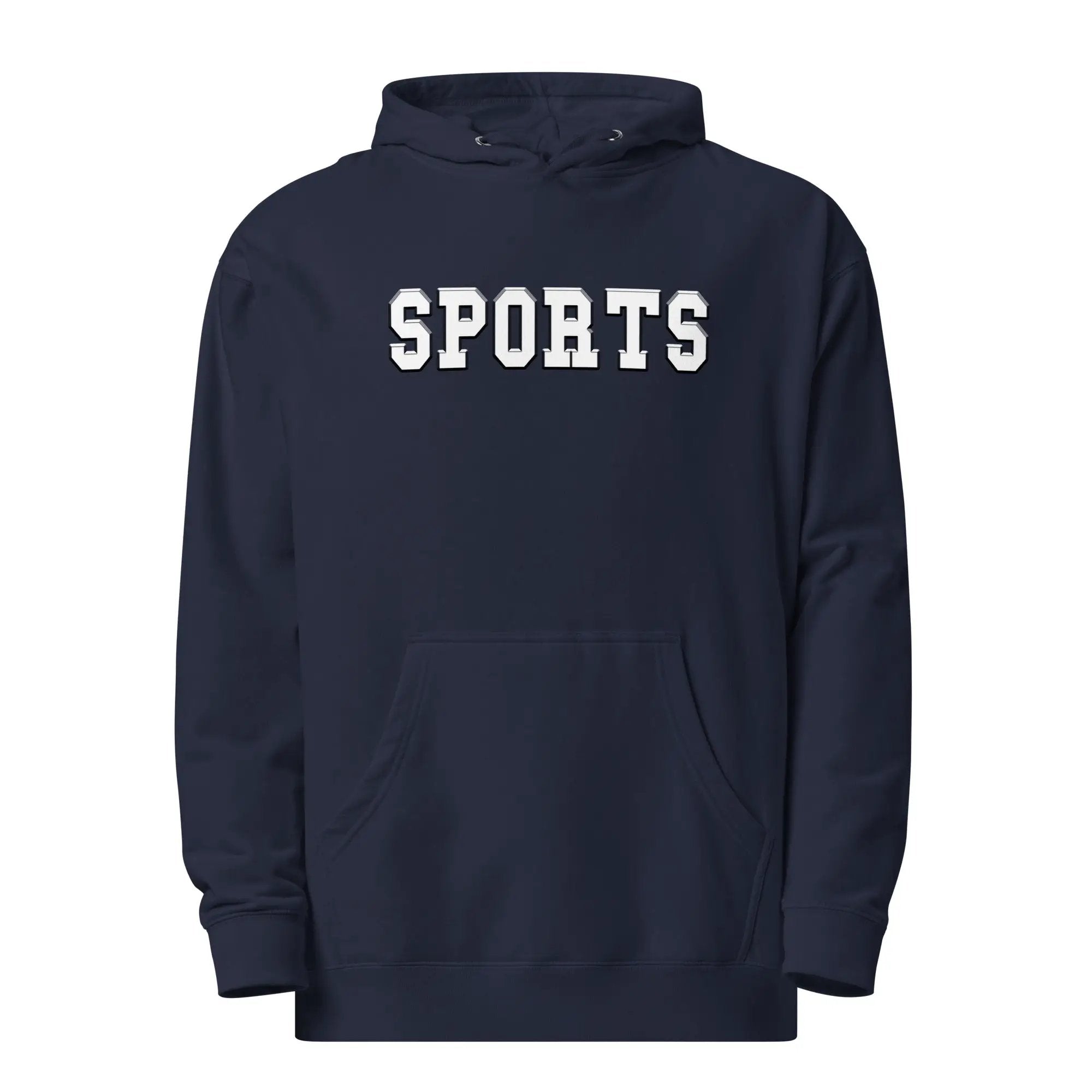 a navy hoodie with the words sports on it