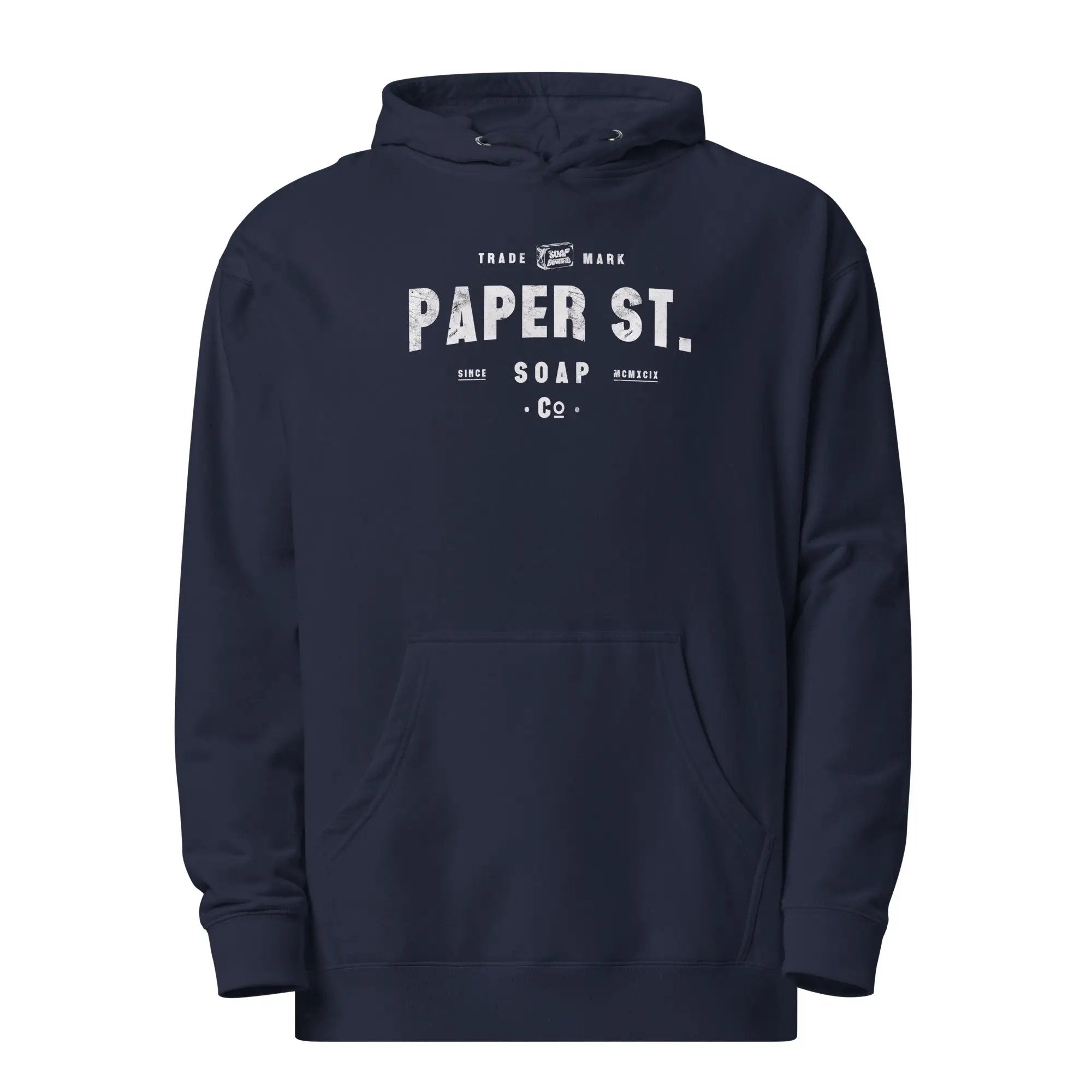 a navy hoodie with the words paper st on it