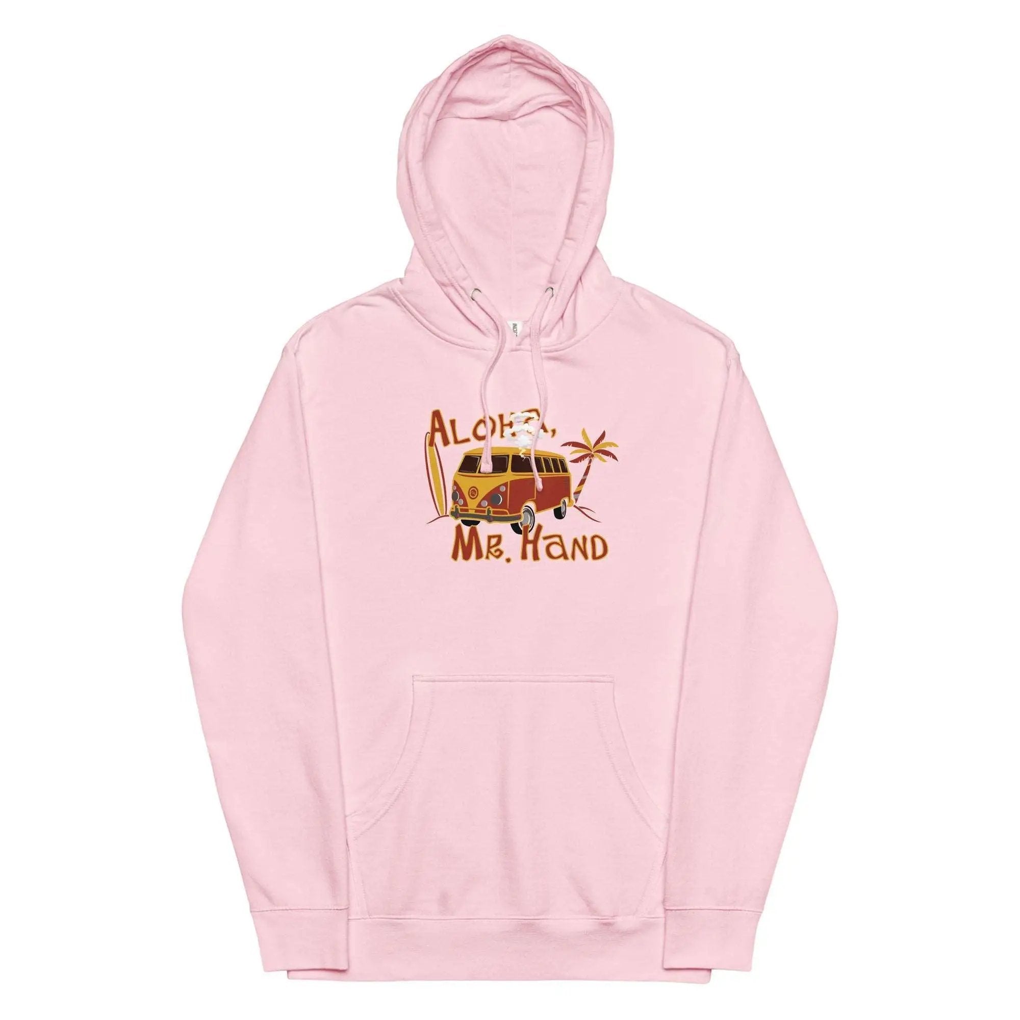 a pink hoodie with an image of a van on it