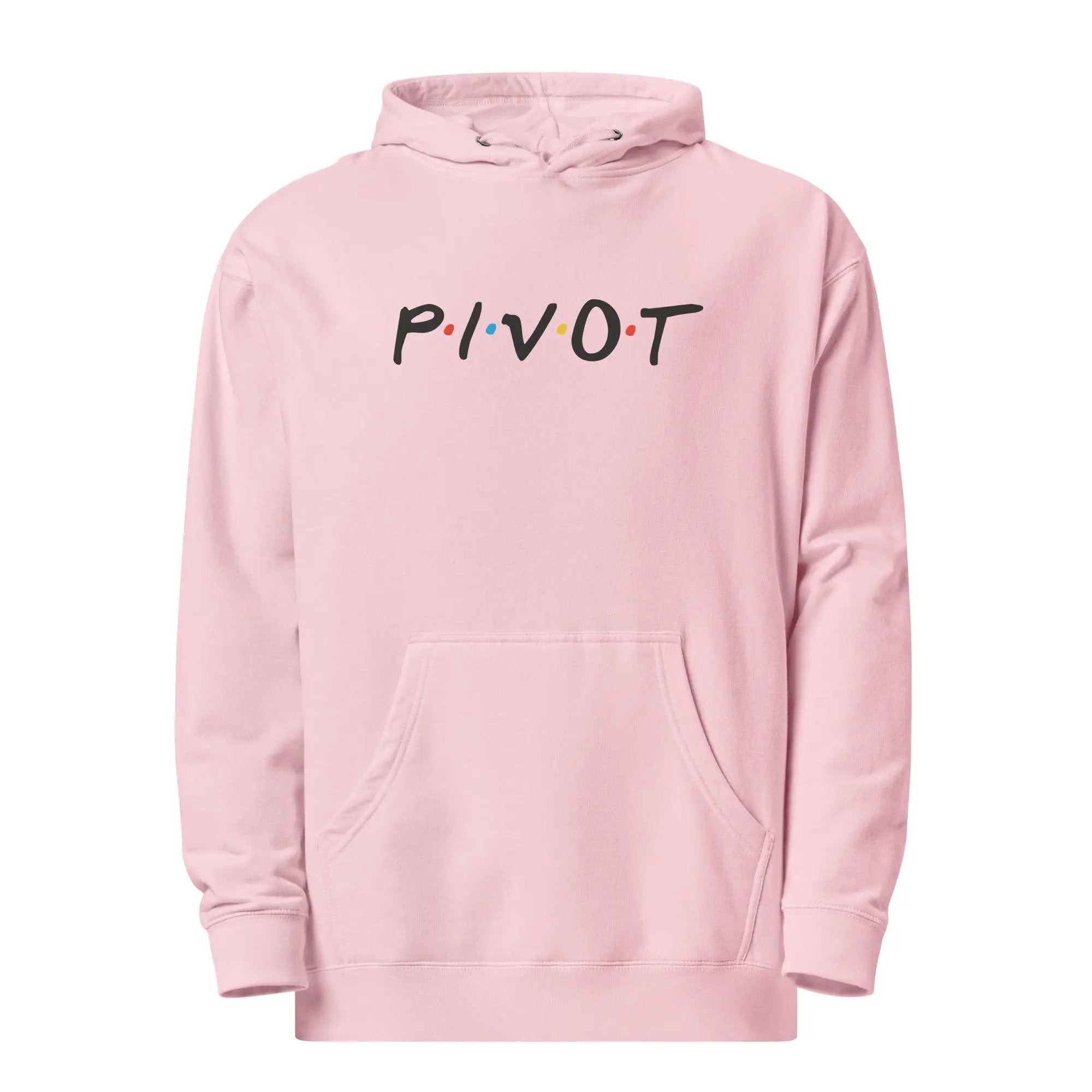 a pink hoodie with the word pivot printed on it