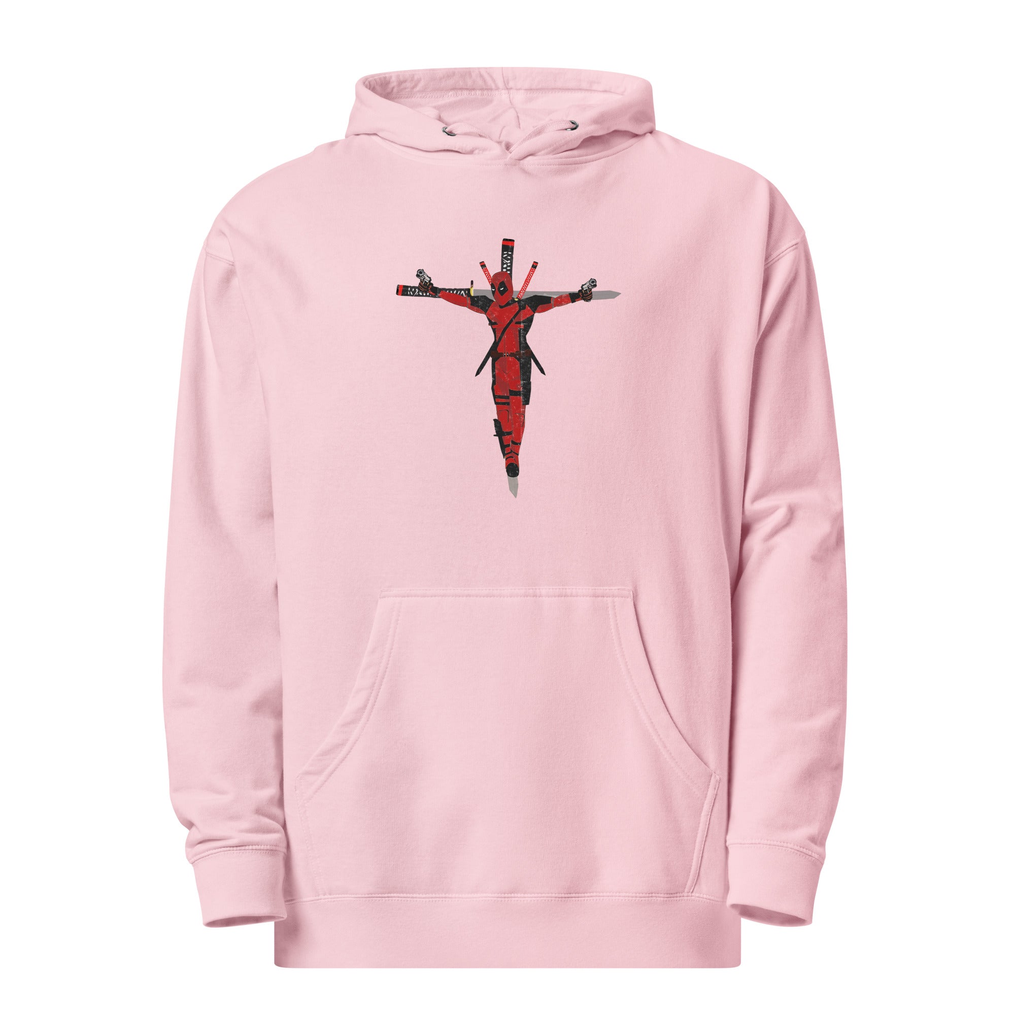 a pink hoodie with a cross on it