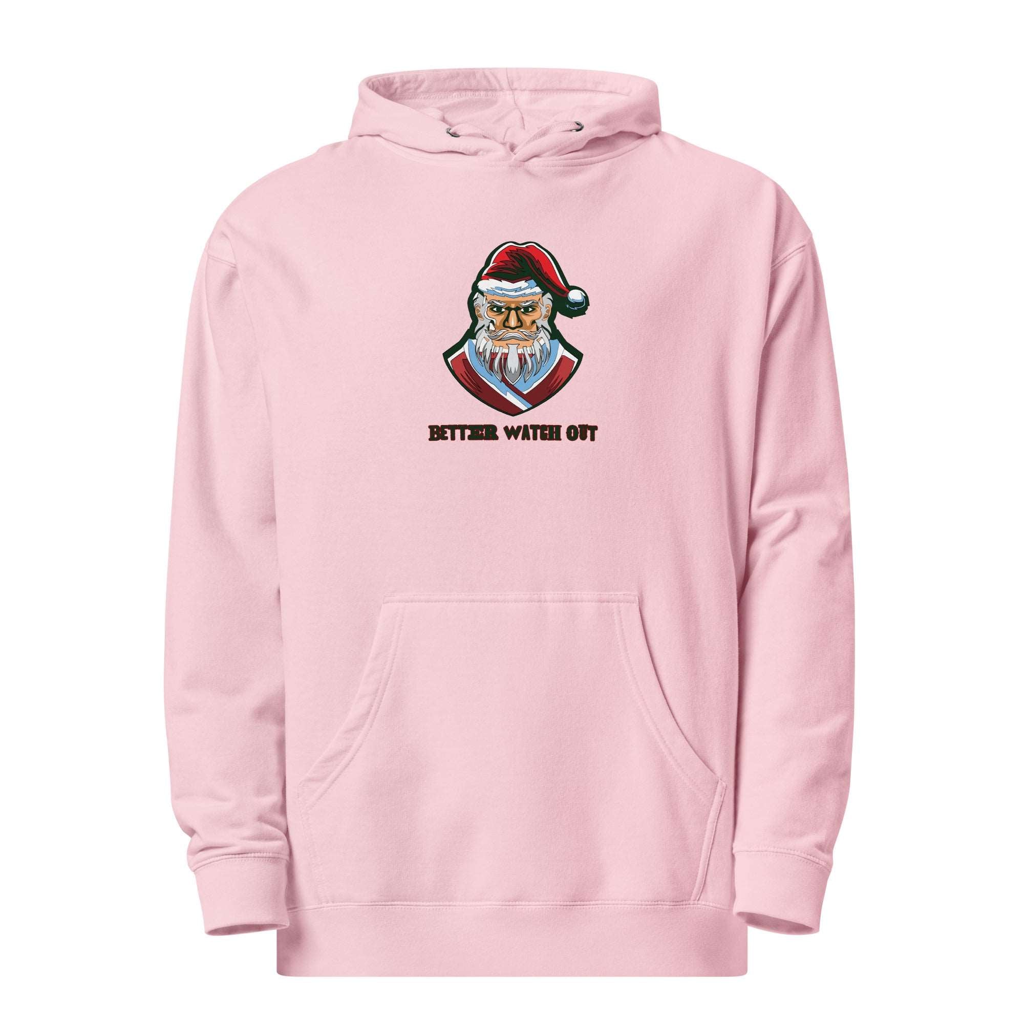 a pink hoodie with a santa clause on it