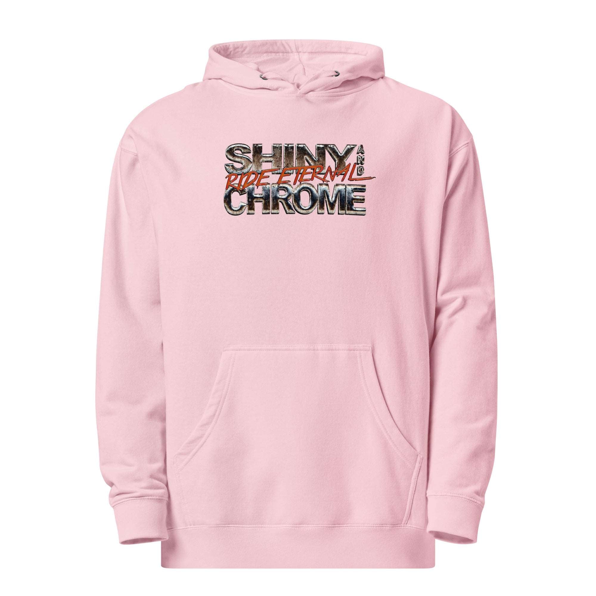 a pink hoodie with the words shiny and chrome on it
