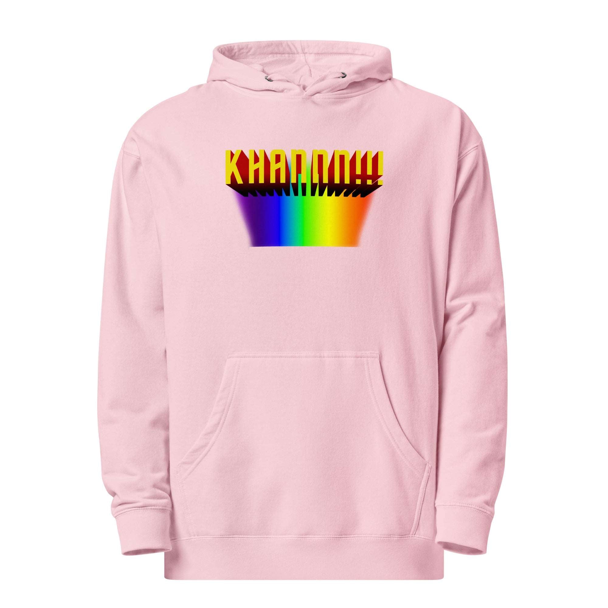 a pink hoodie with a rainbow design on it