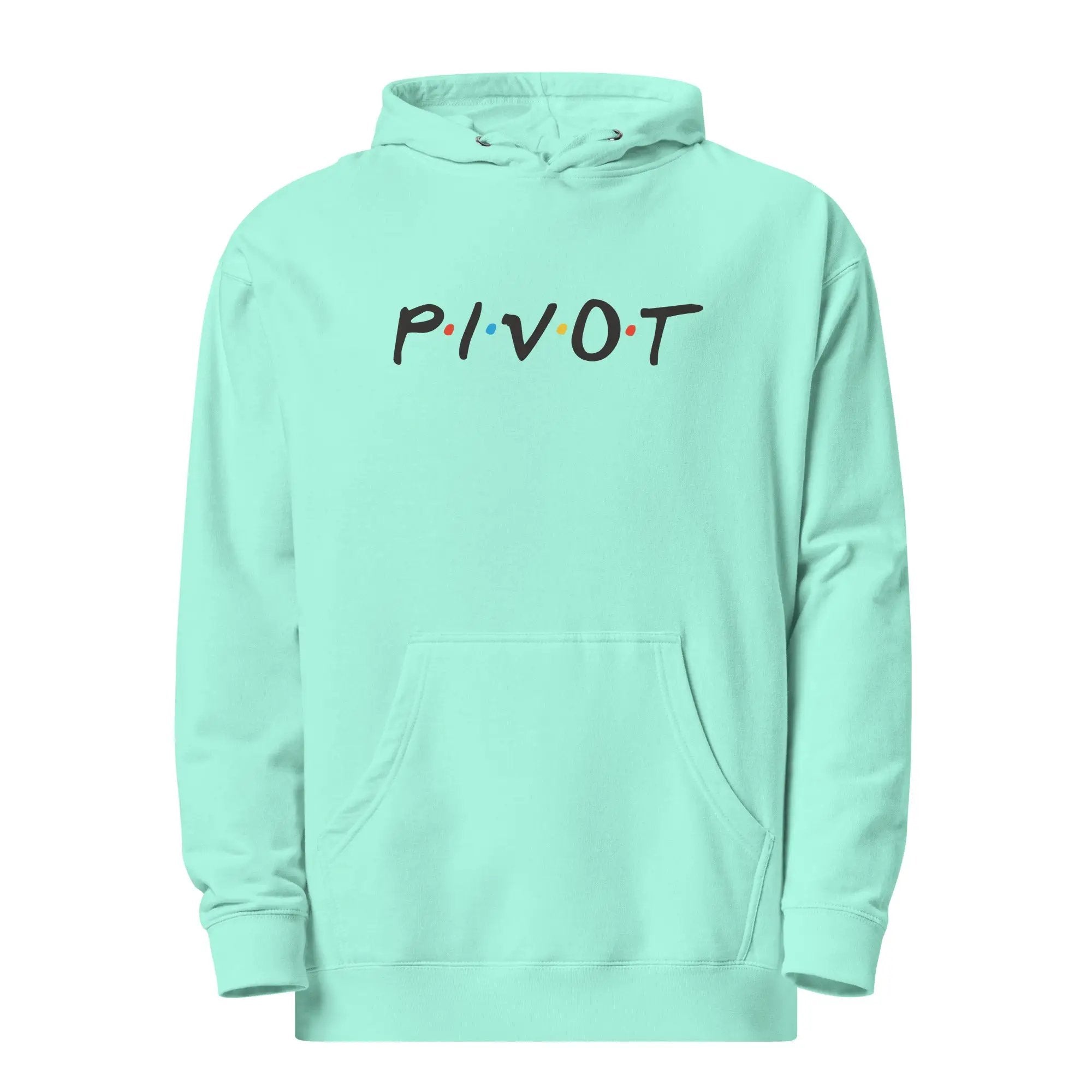 a mint green hoodie with the word pivot printed on it