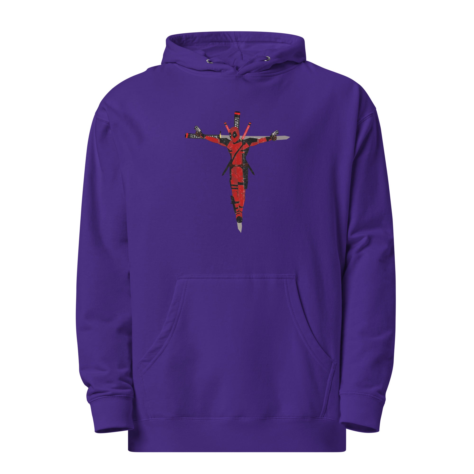 a purple hoodie with a red cross on it