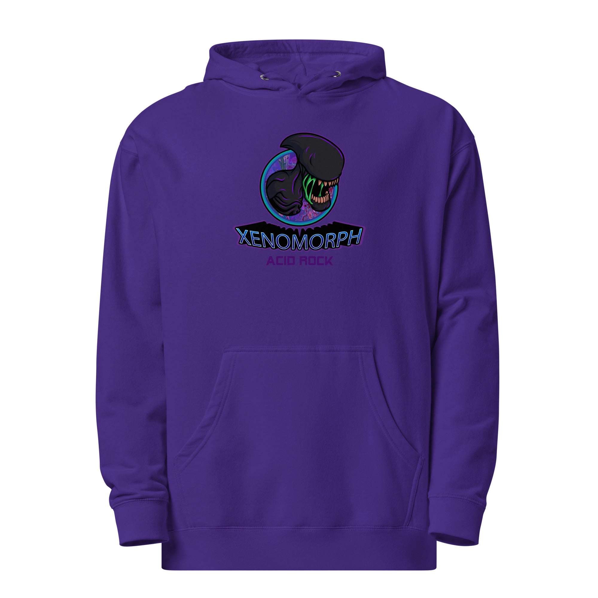 a purple hoodie with an image of a black cat on it