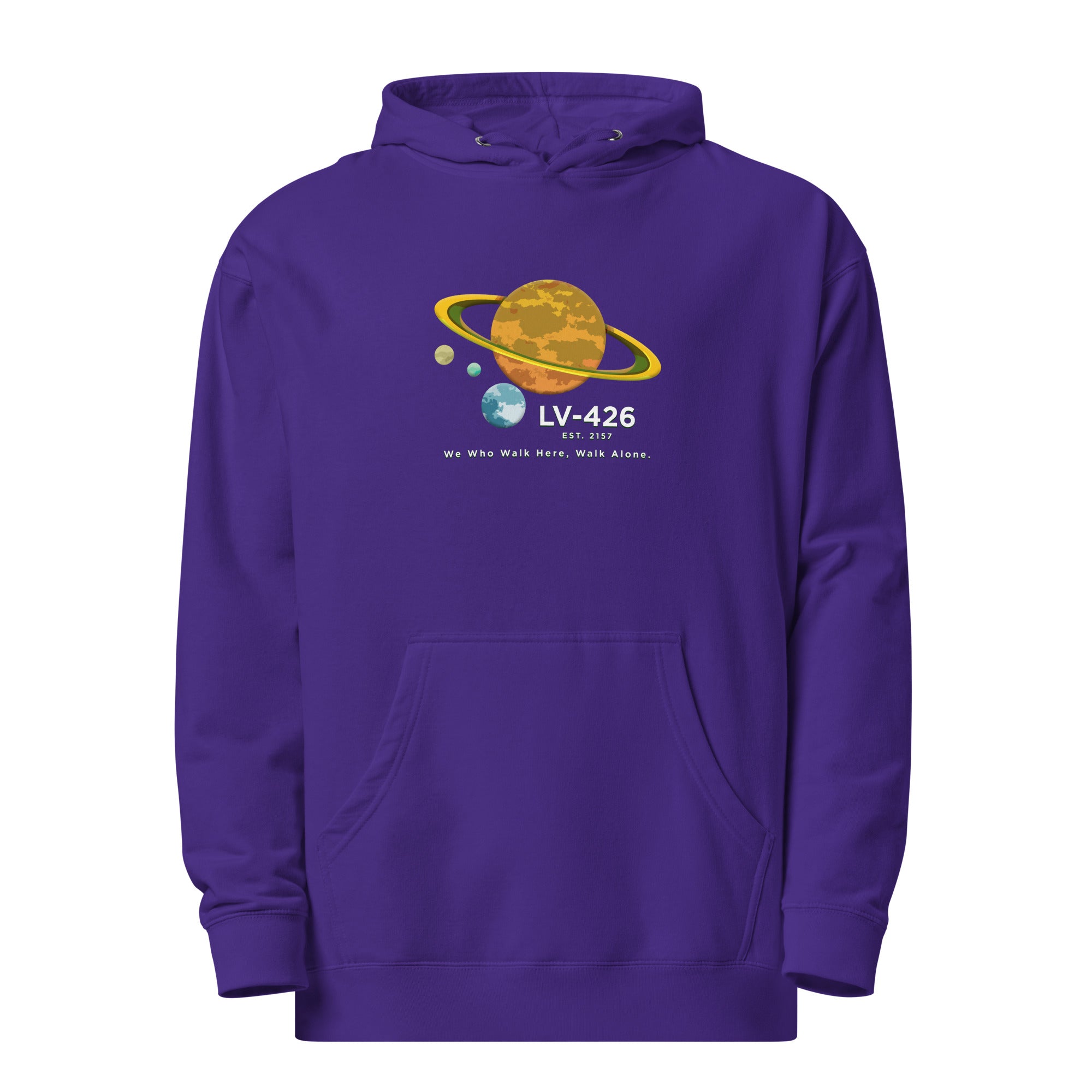 a purple hoodie with an image of saturn and the sun