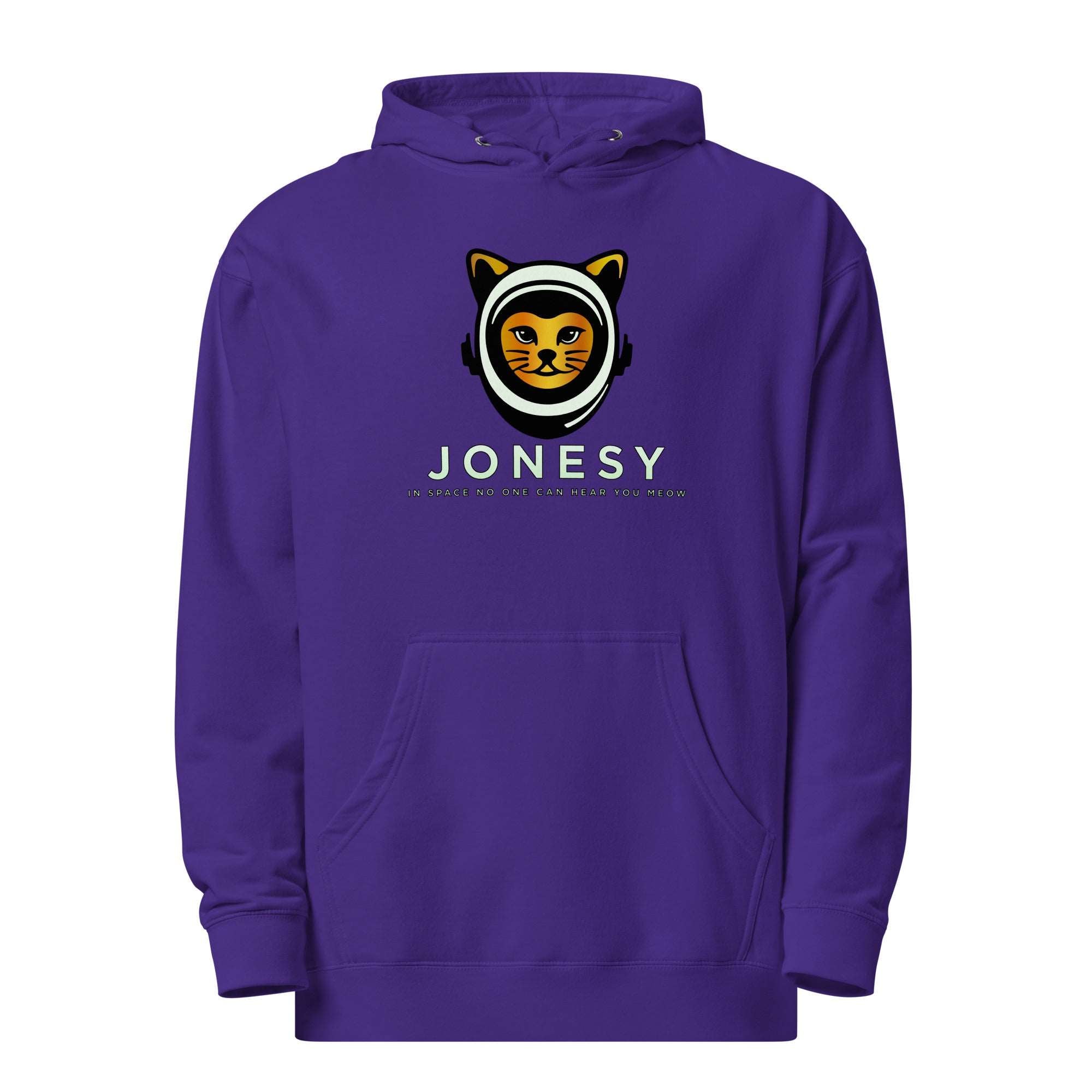 a purple hoodie with the word jonesy printed on it