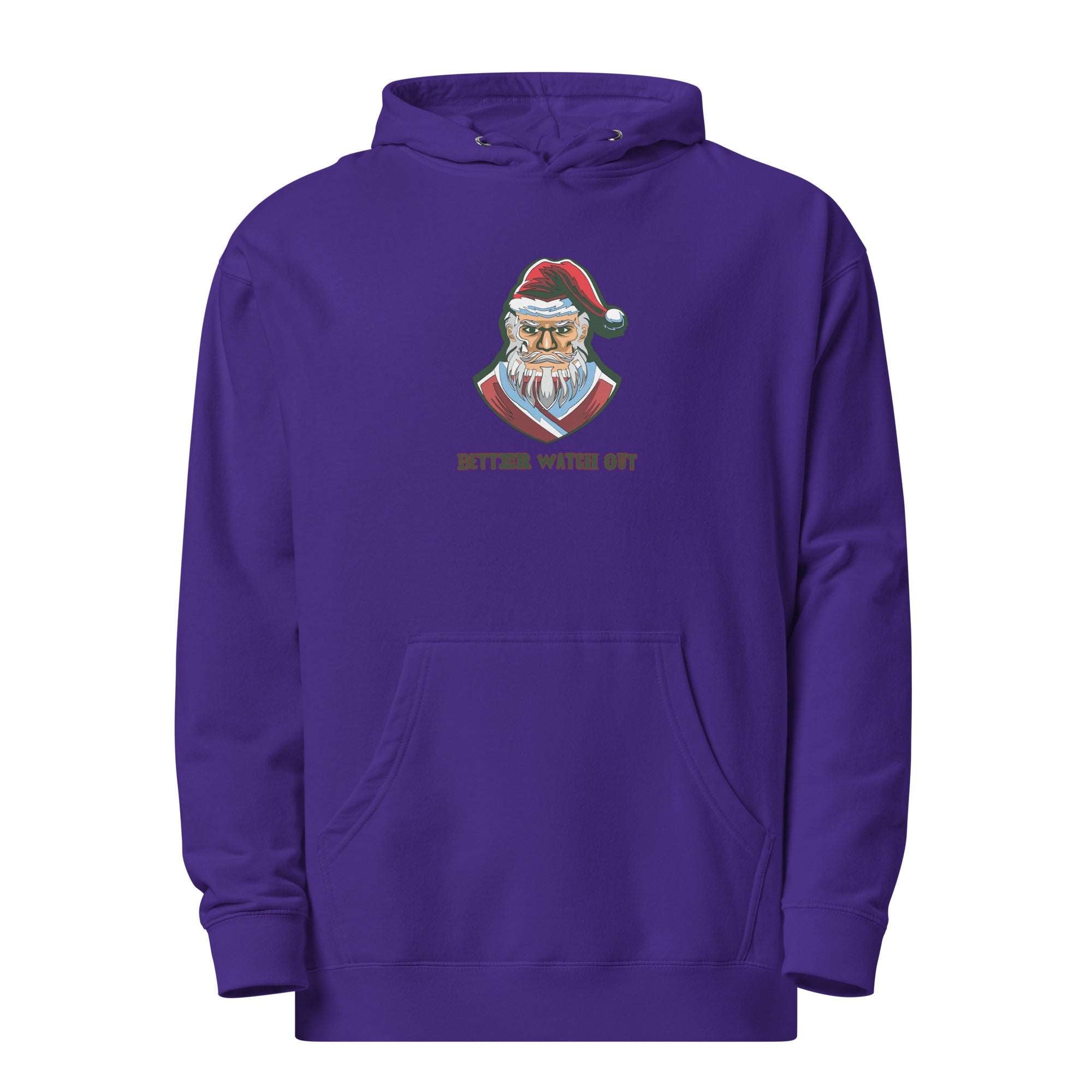 a purple hoodie with a santa clause on it