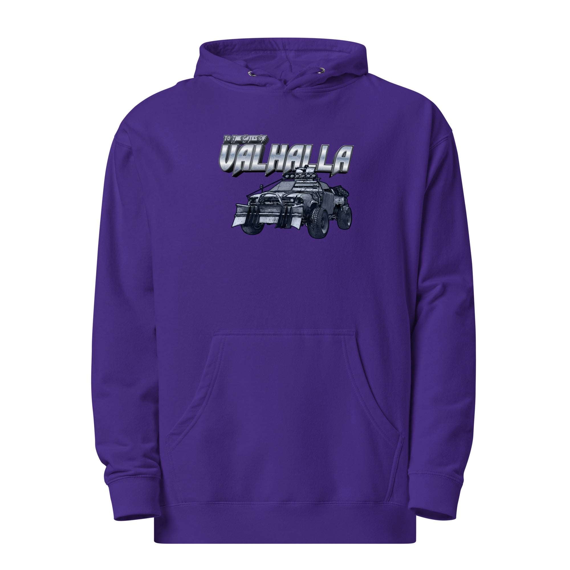 a purple hoodie with an image of a truck on it