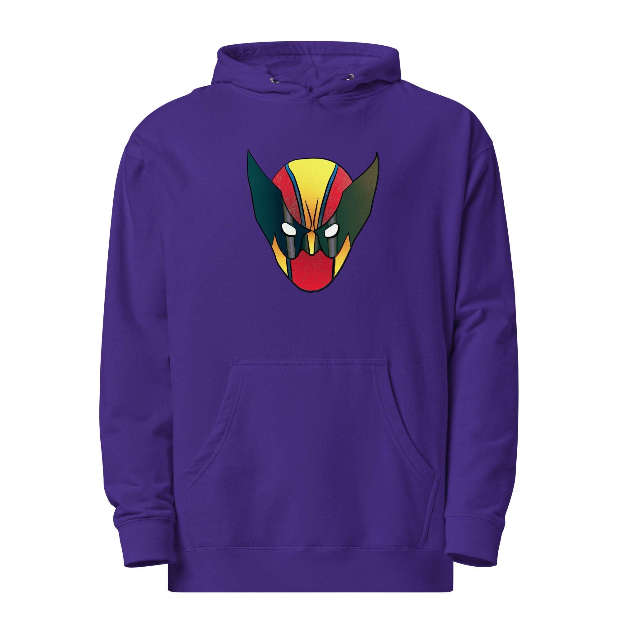 a purple hoodie with an image of a clown's face
