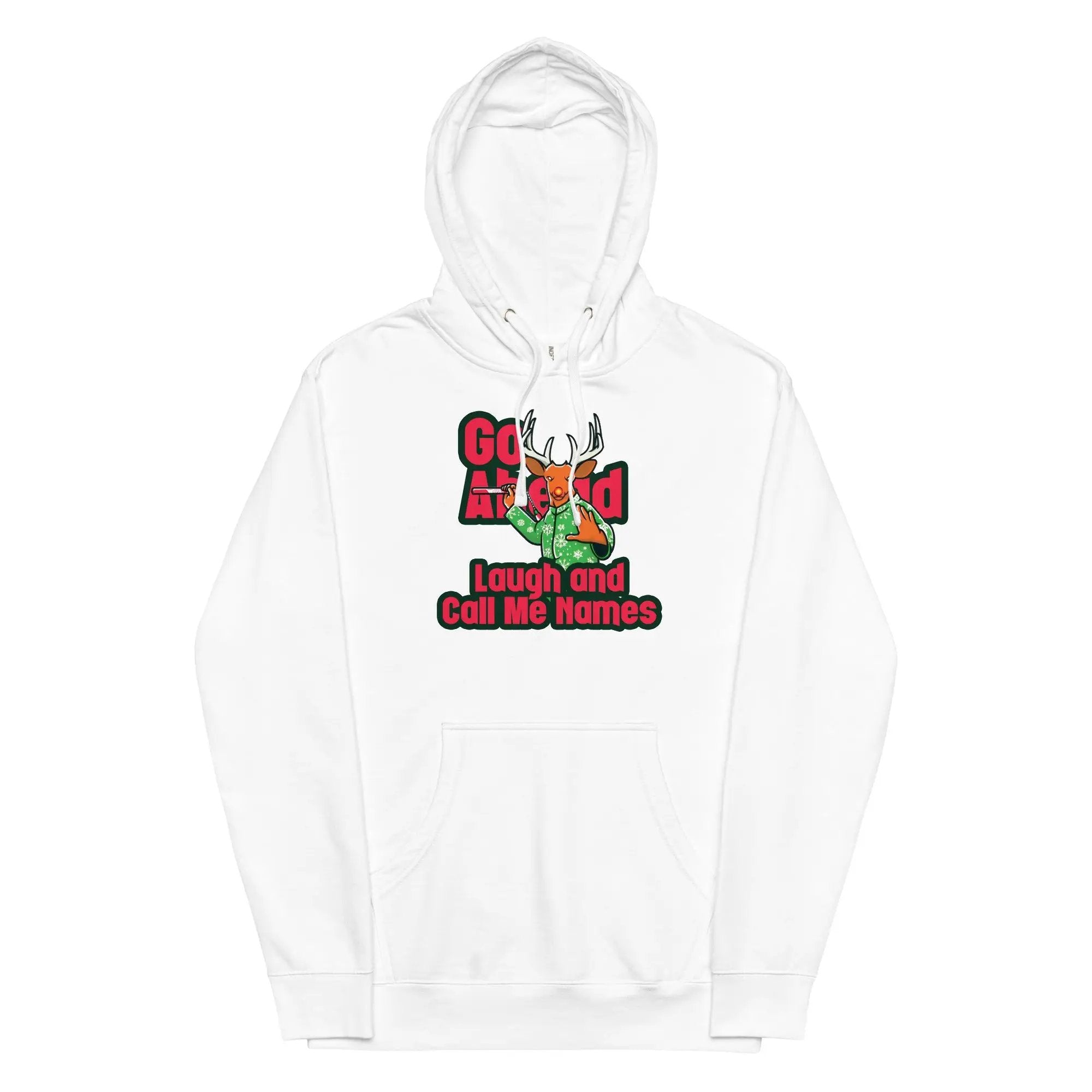 a white hoodie with a red and green design on it