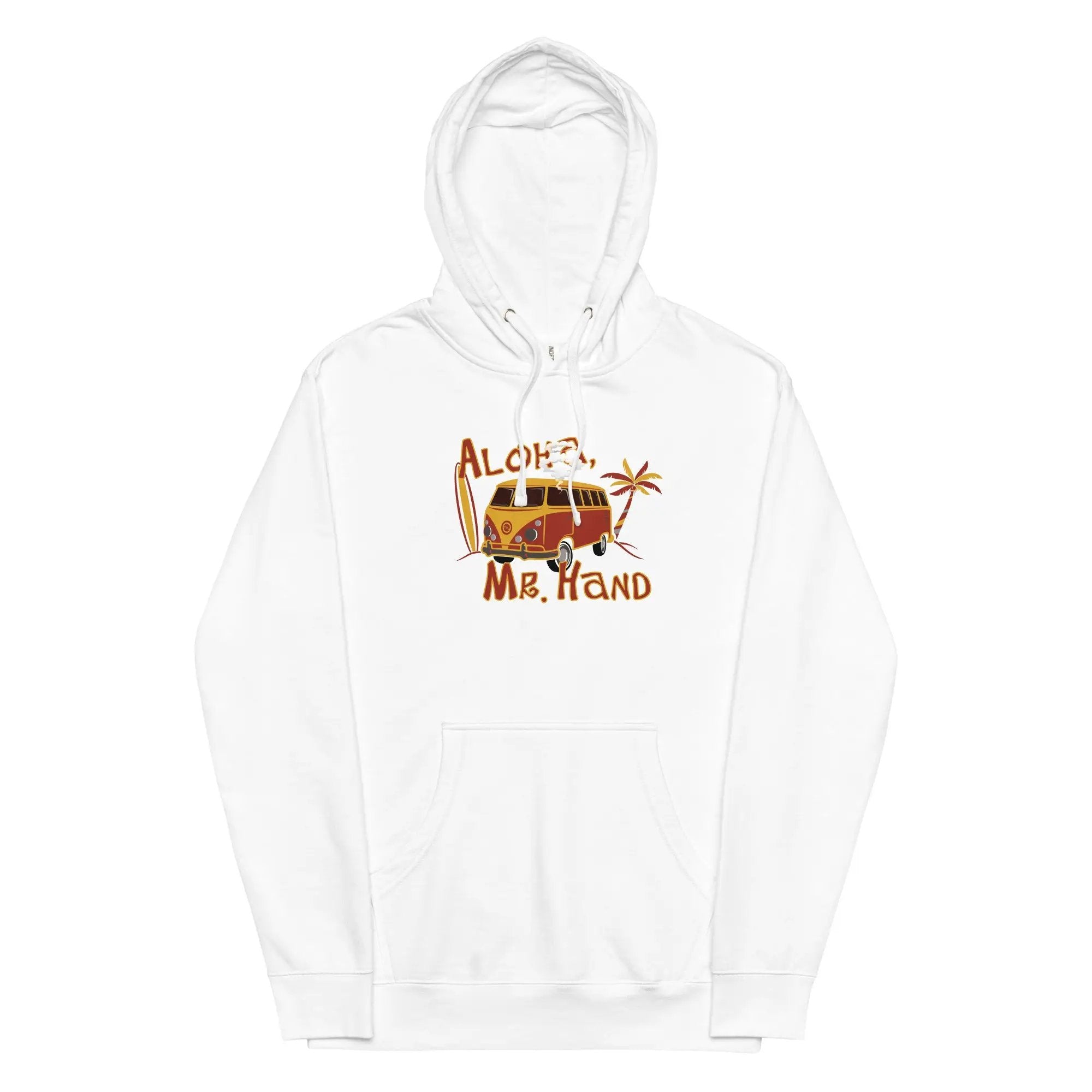 a white hoodie with an image of a camper van on it