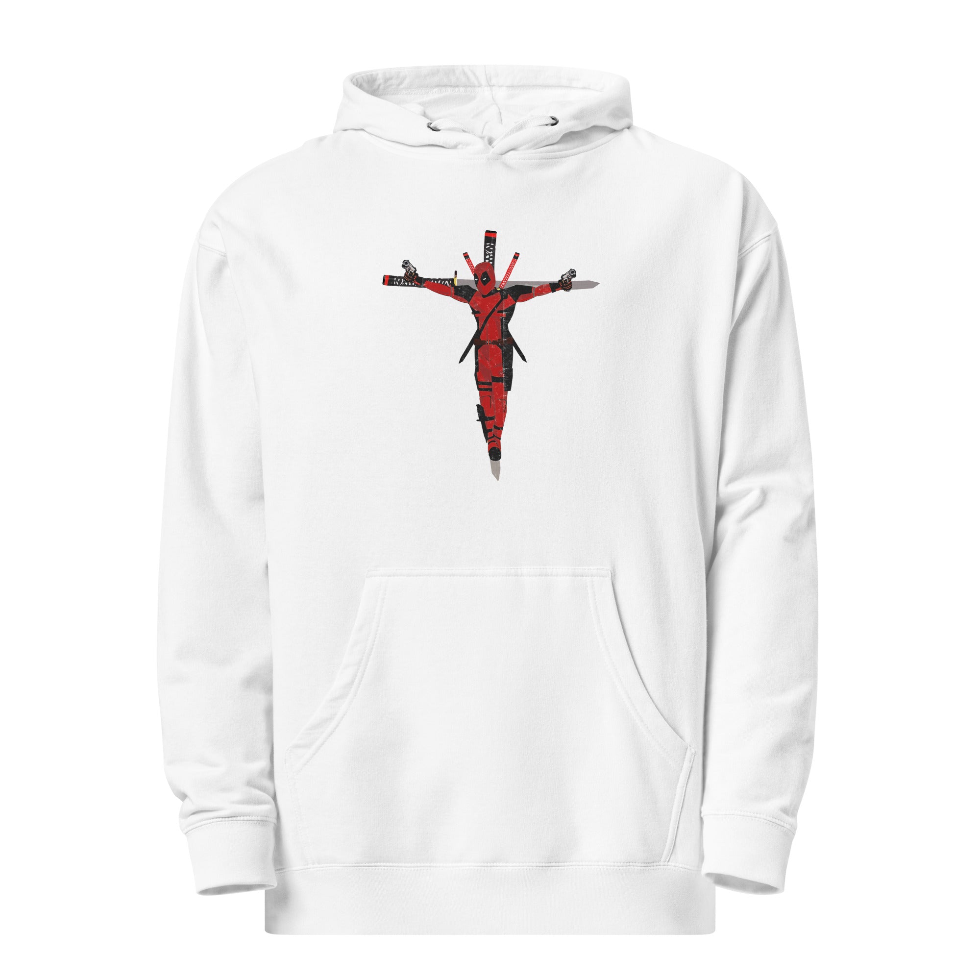 a white hoodie with a red cross on it