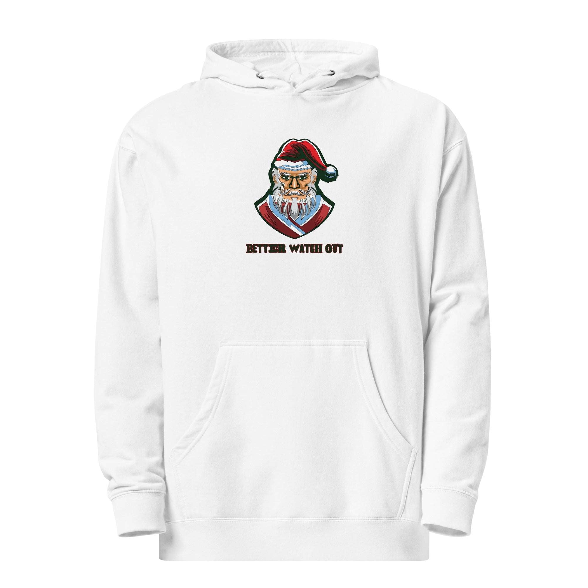 a white hoodie with an image of a cat wearing a santa hat