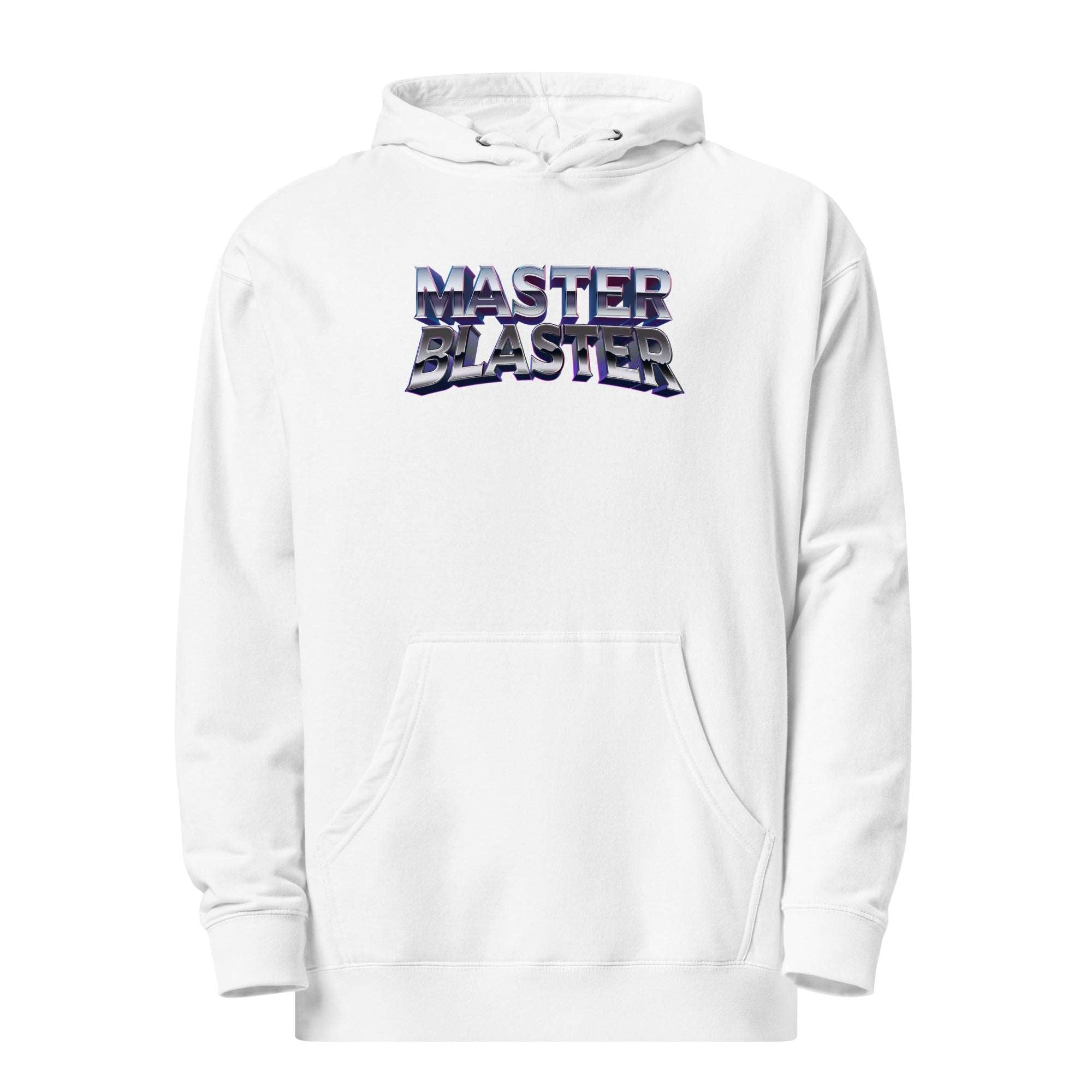 a white hoodie with the words master blaster printed on it