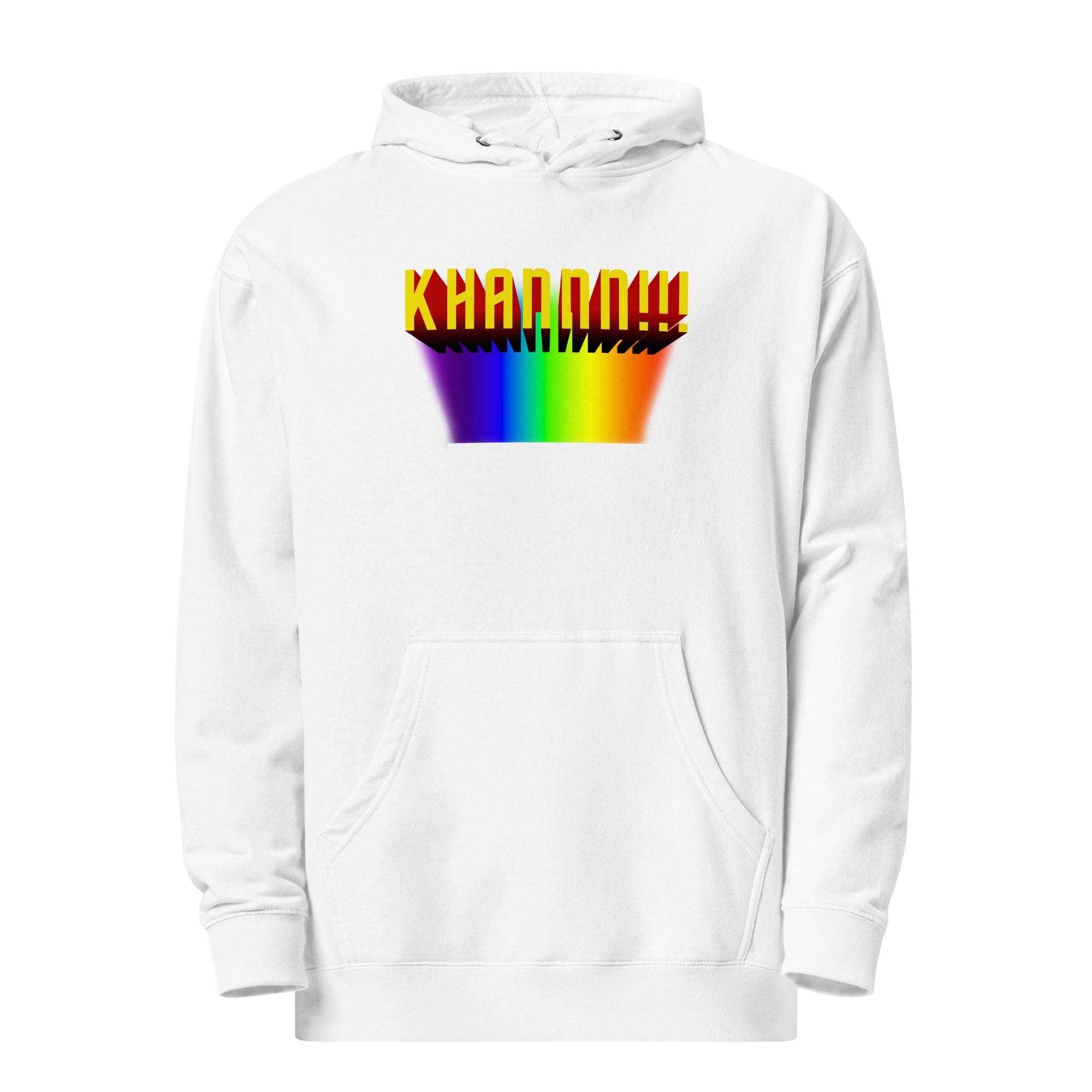 a white hoodie with a rainbow design on it