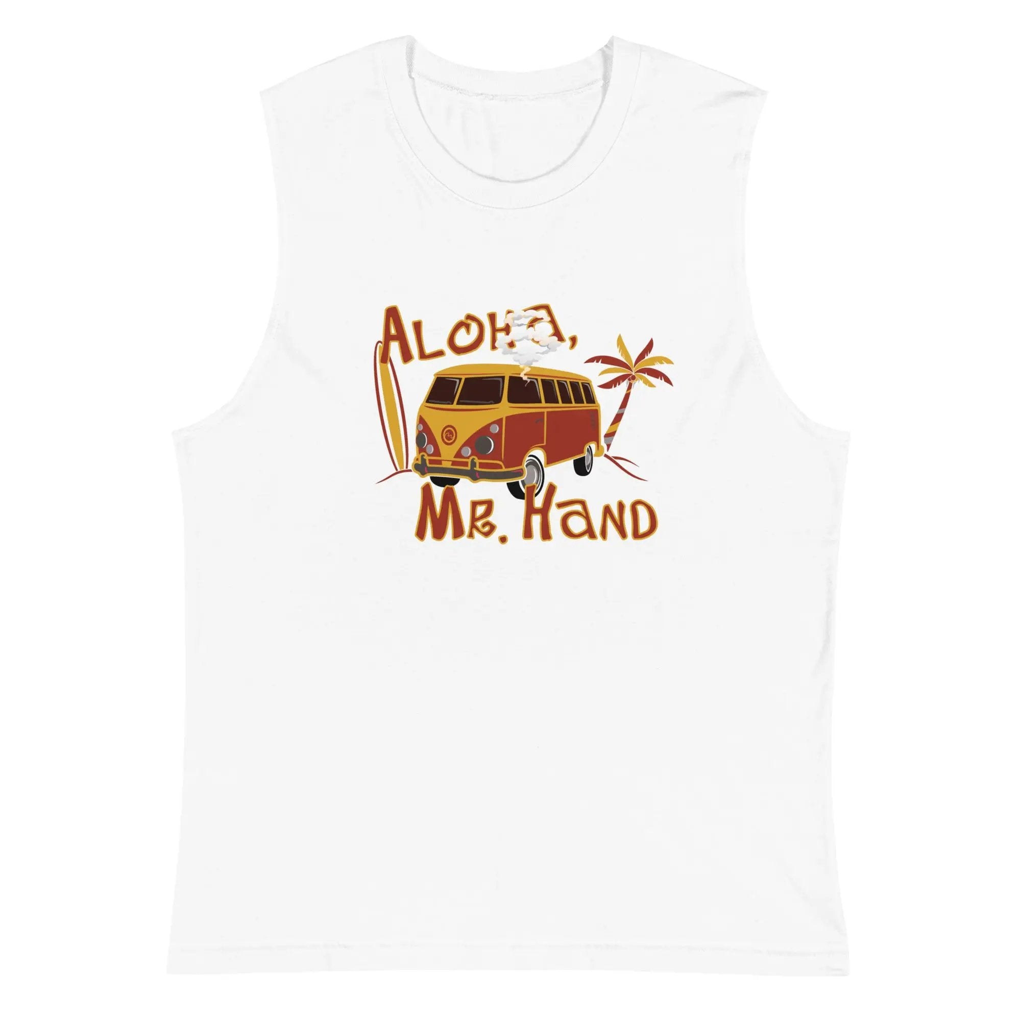 a white tank top with an image of a van and palm trees
