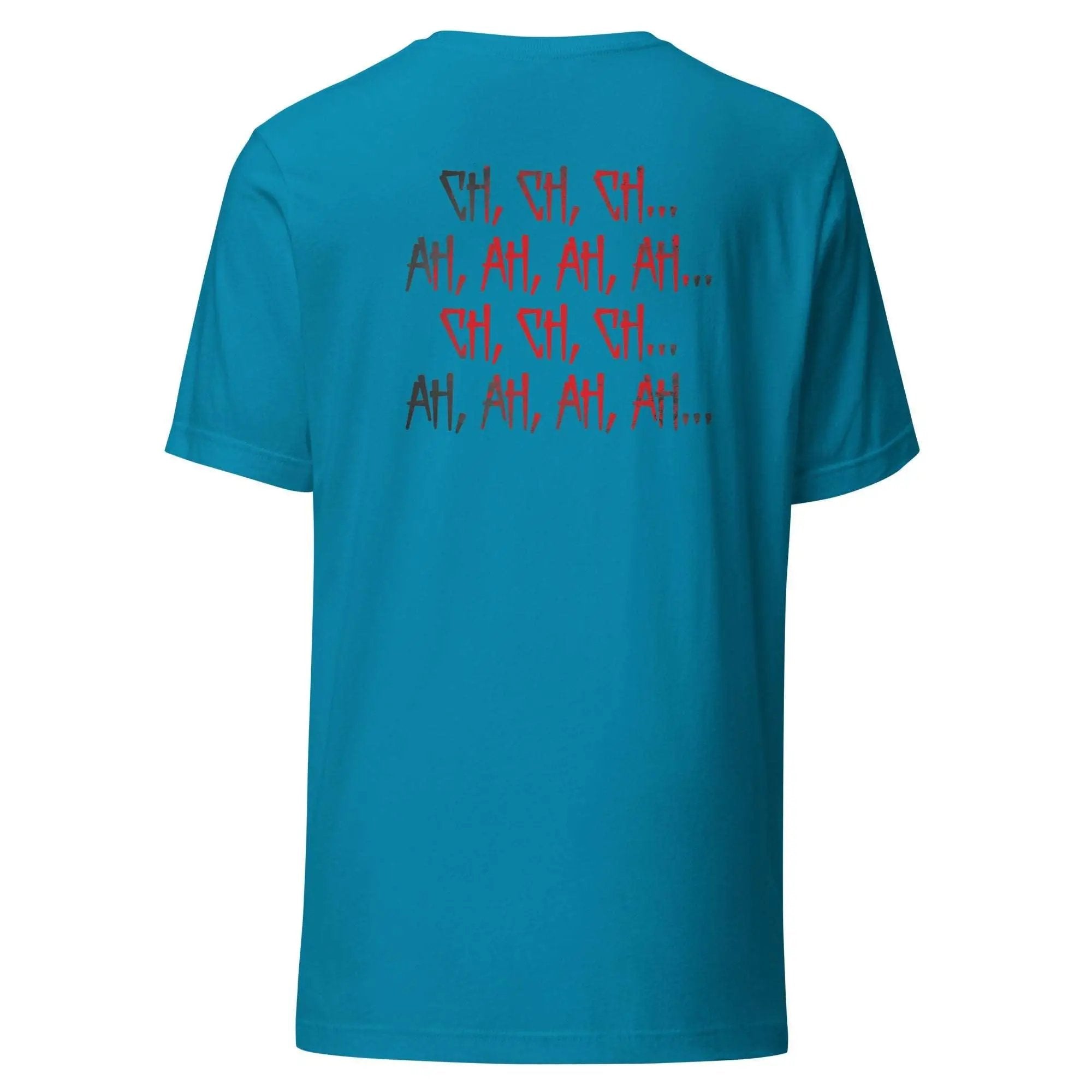 a blue t - shirt with red writing on it