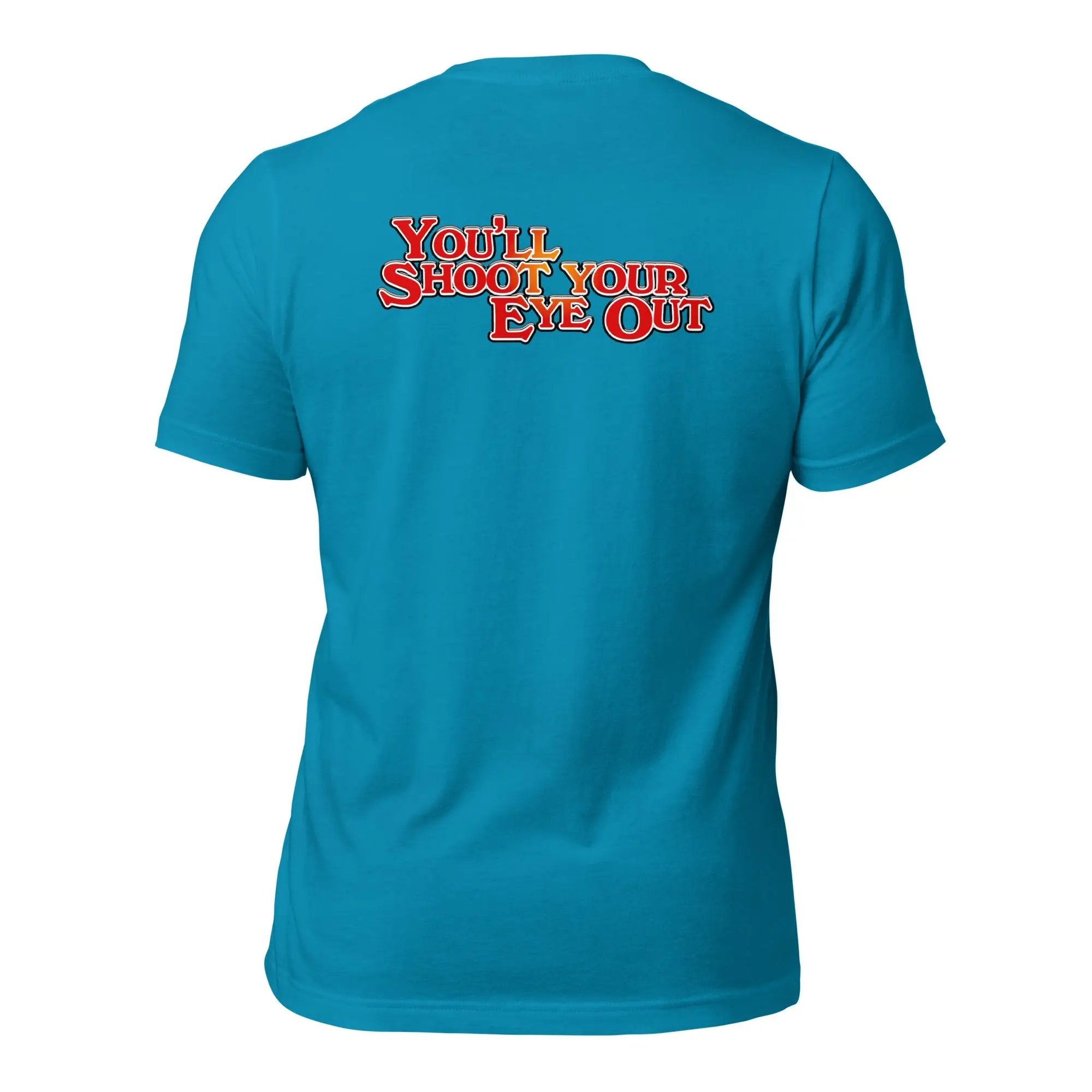 the back of a blue shirt that says, you should show your love out