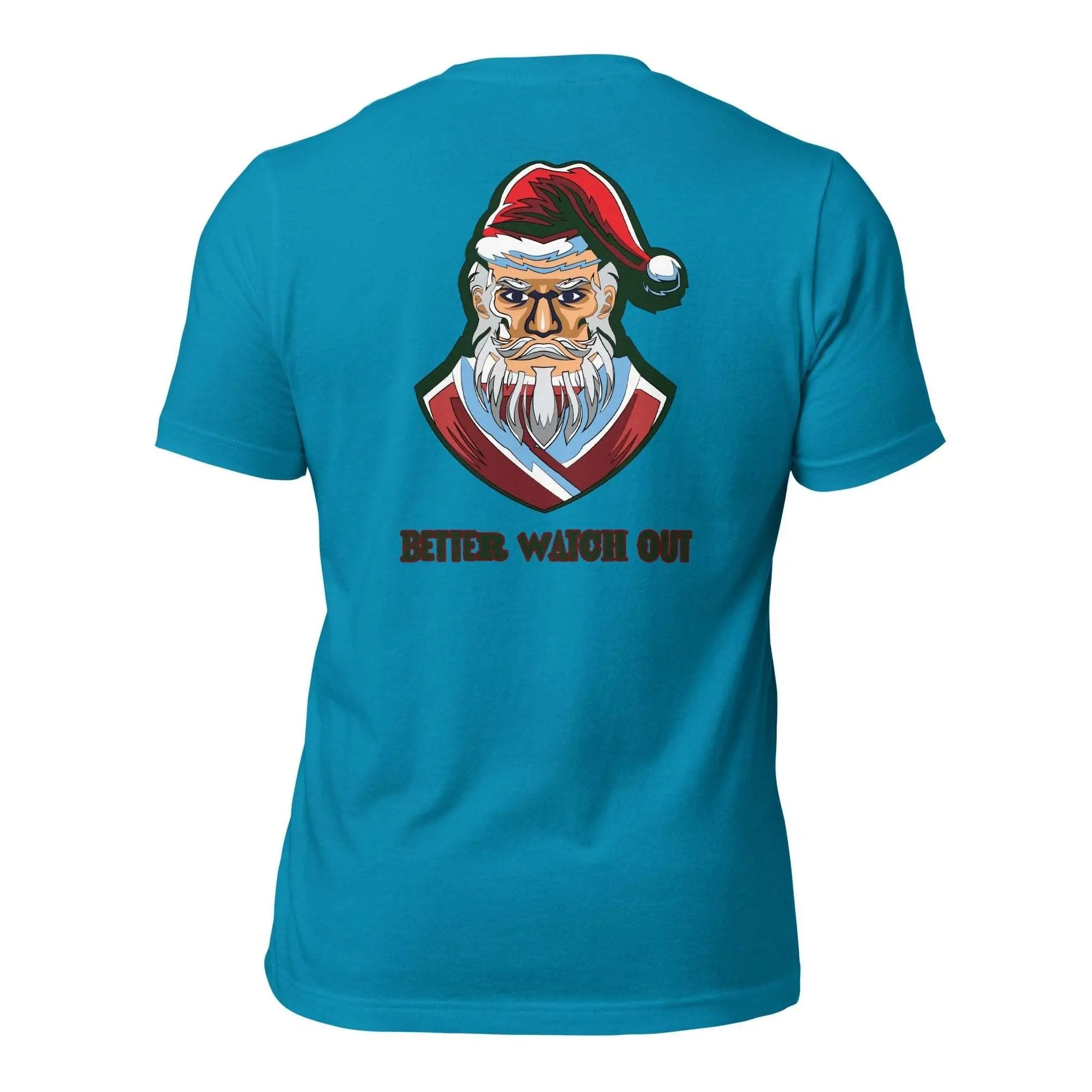 a blue shirt with a santa clause on it