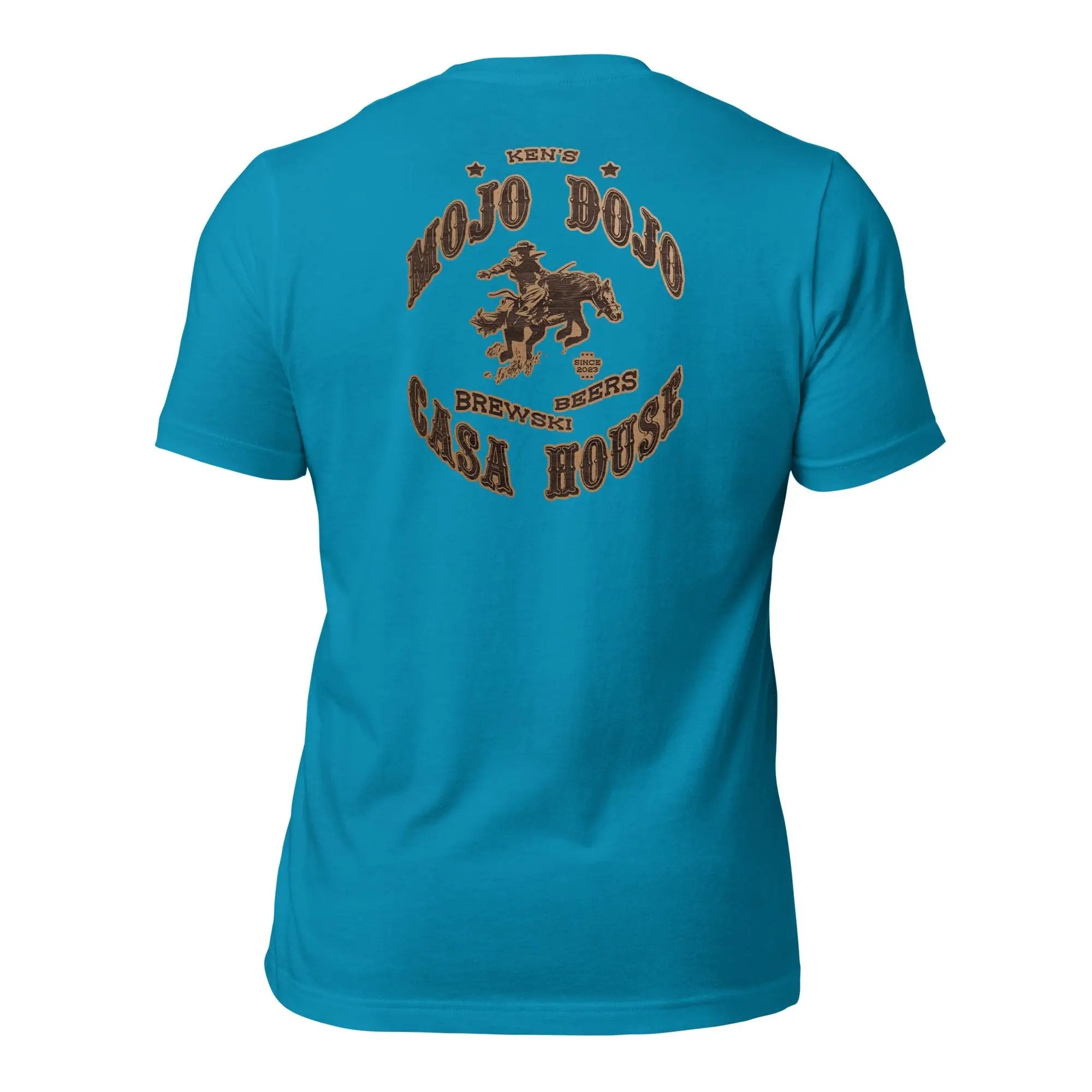 the back of a blue t - shirt with an image of a cowboy riding a