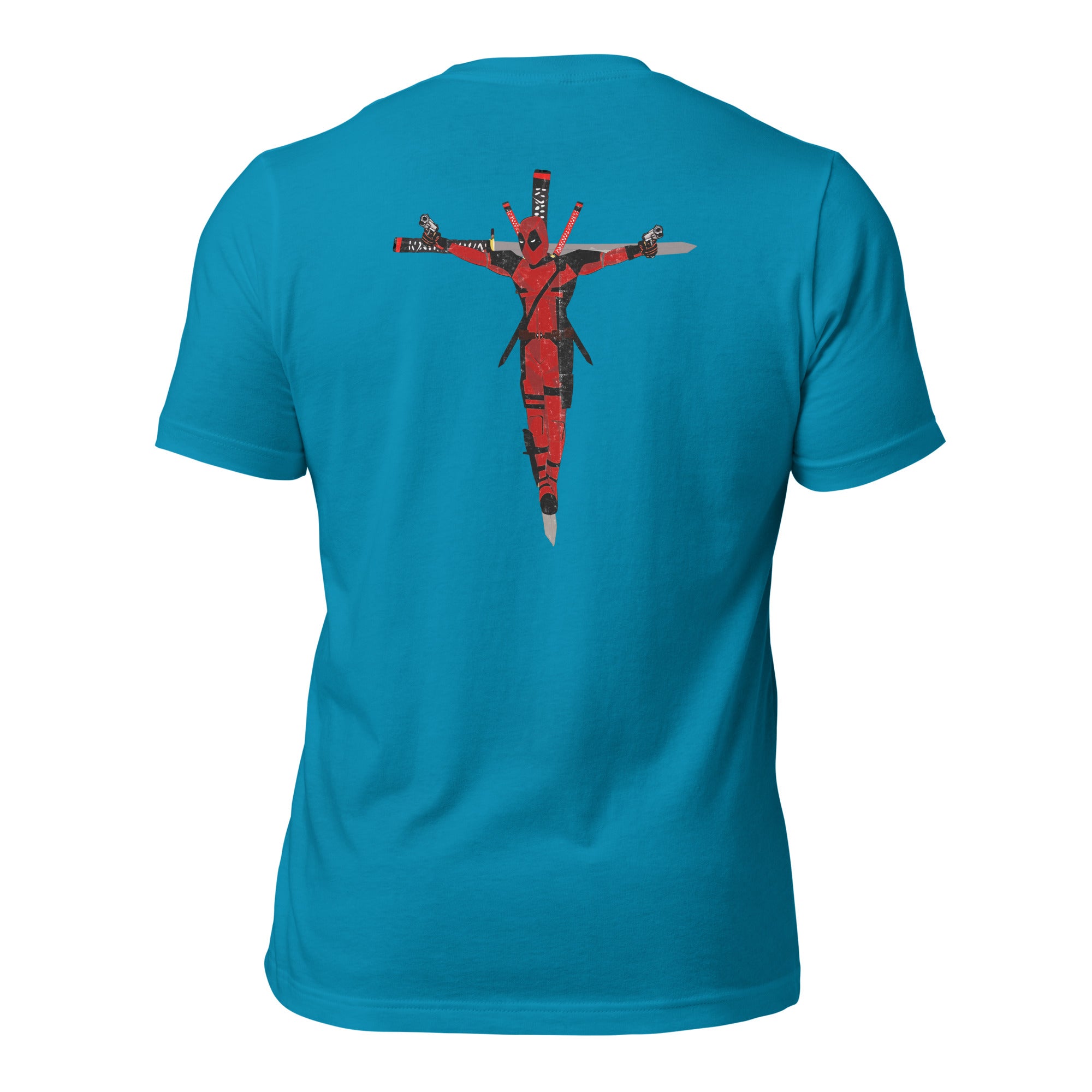 a blue t - shirt with a picture of a man on the cross