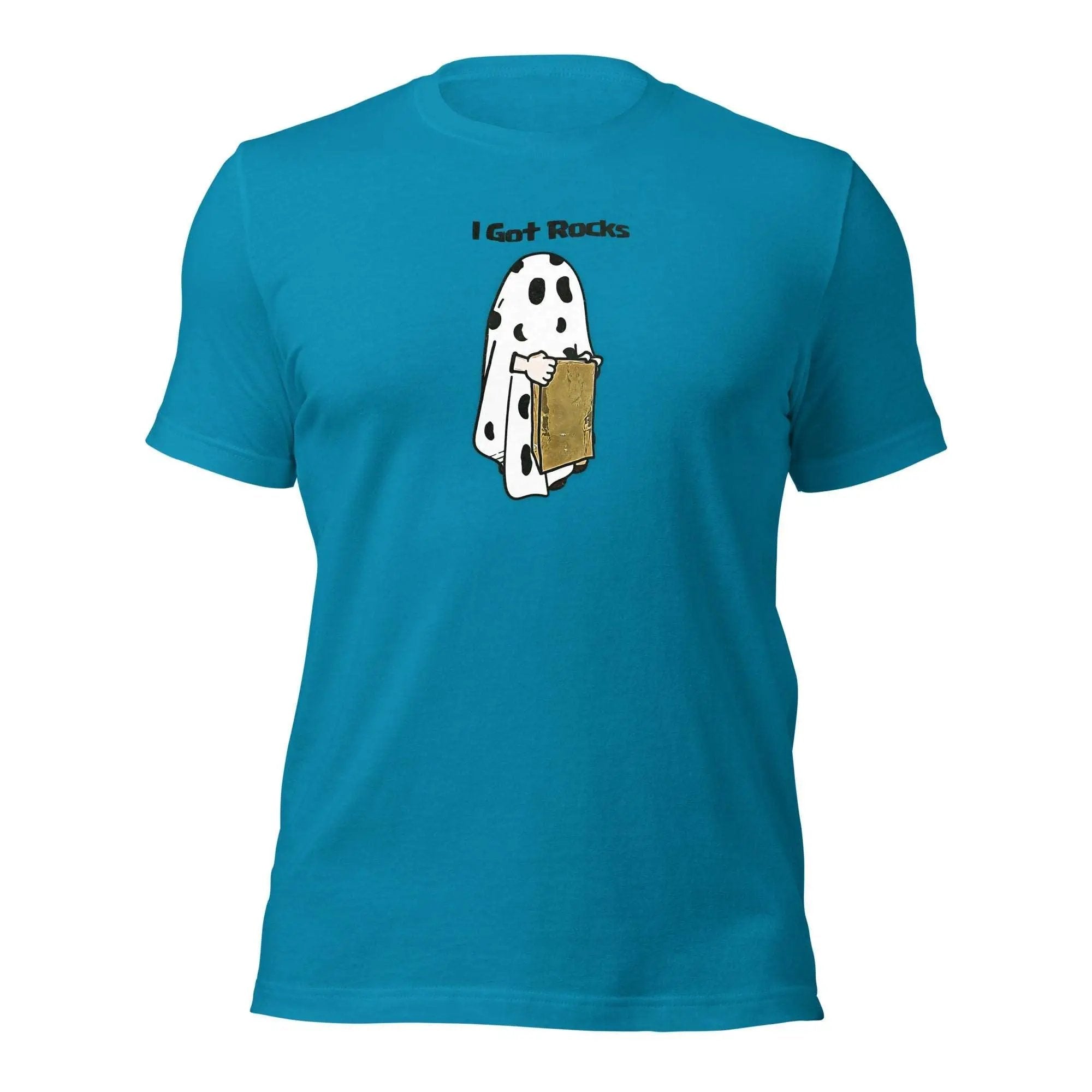 a blue t - shirt with a picture of a dog in a pocket