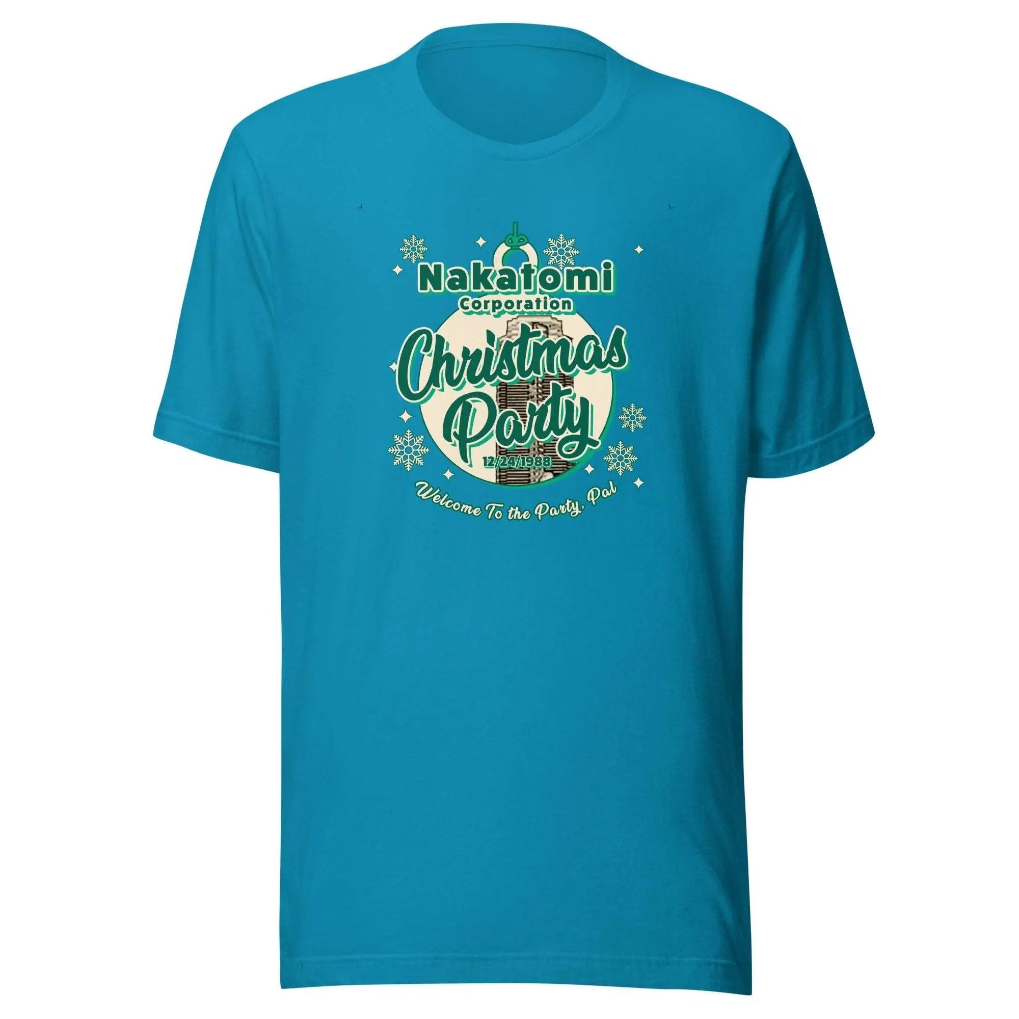 a blue t - shirt with a christmas party on it
