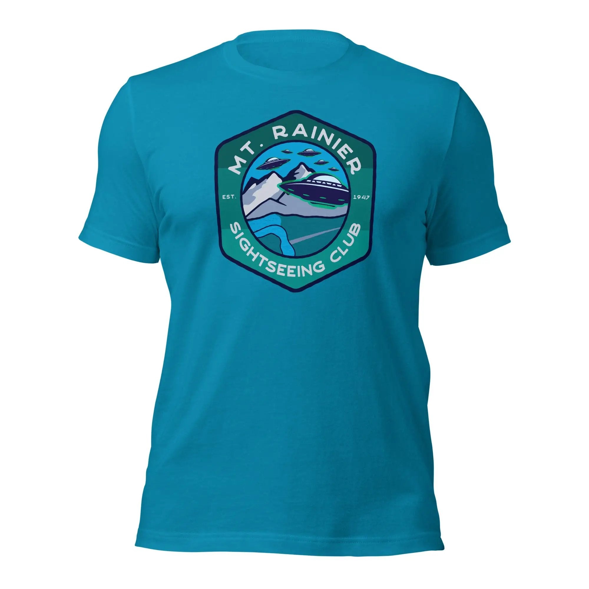 a blue t - shirt with a picture of a mountain on it