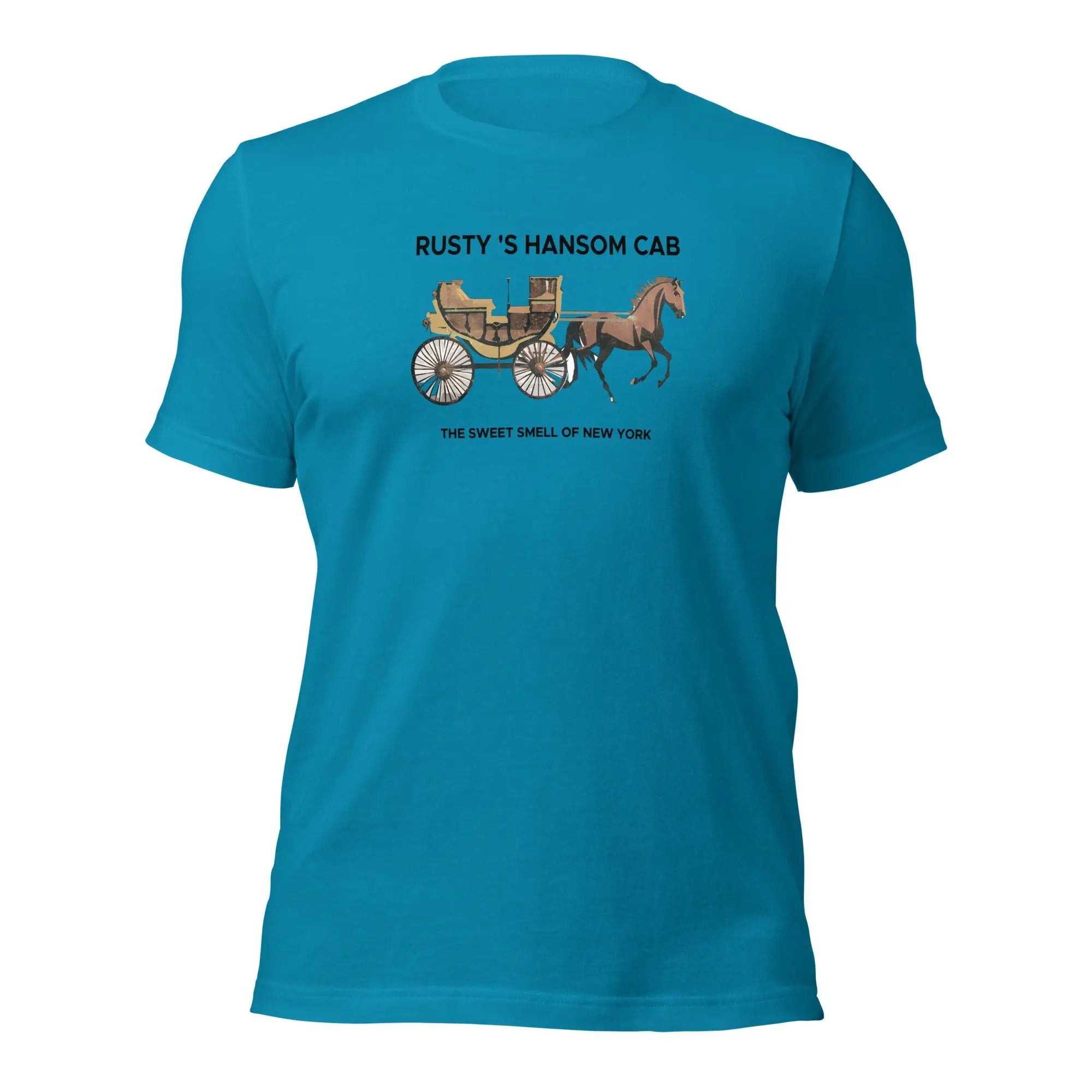 a blue t - shirt with a horse drawn carriage