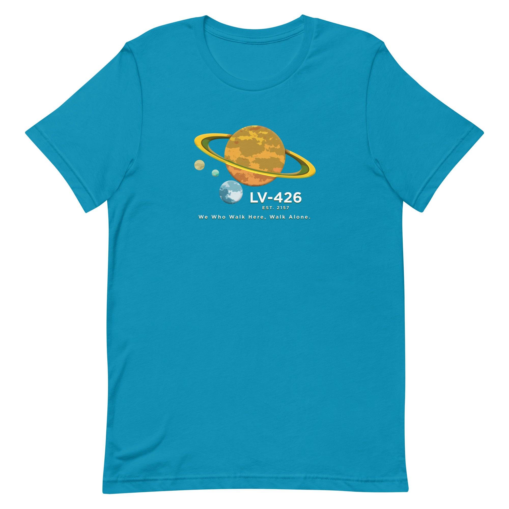 a blue t - shirt with an image of the earth and saturn on it