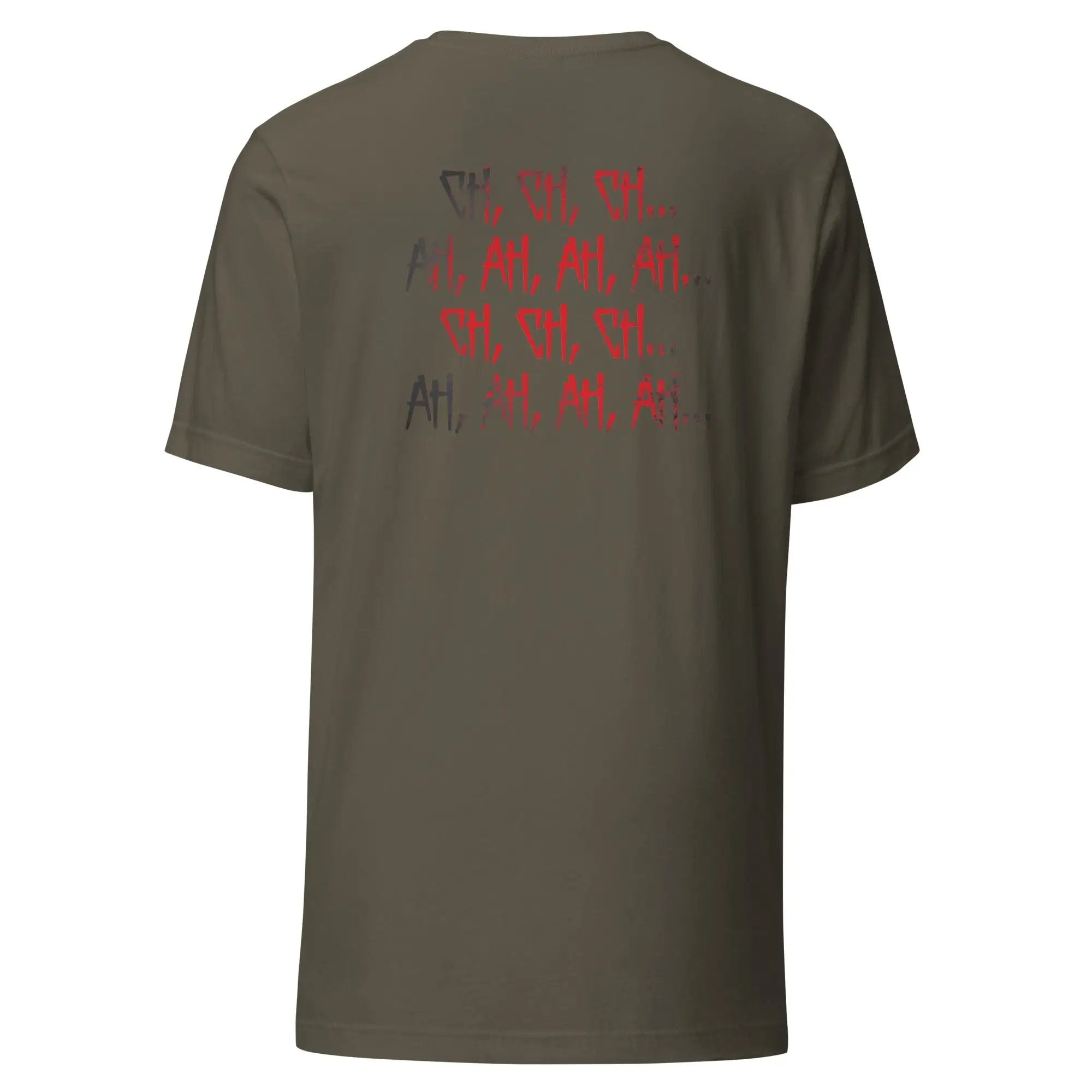 a grey t - shirt with red writing on it