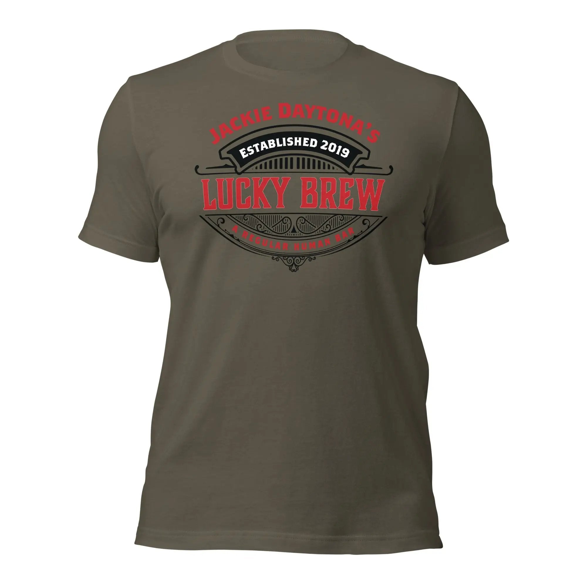 a brown t - shirt with the words lucky brew on it