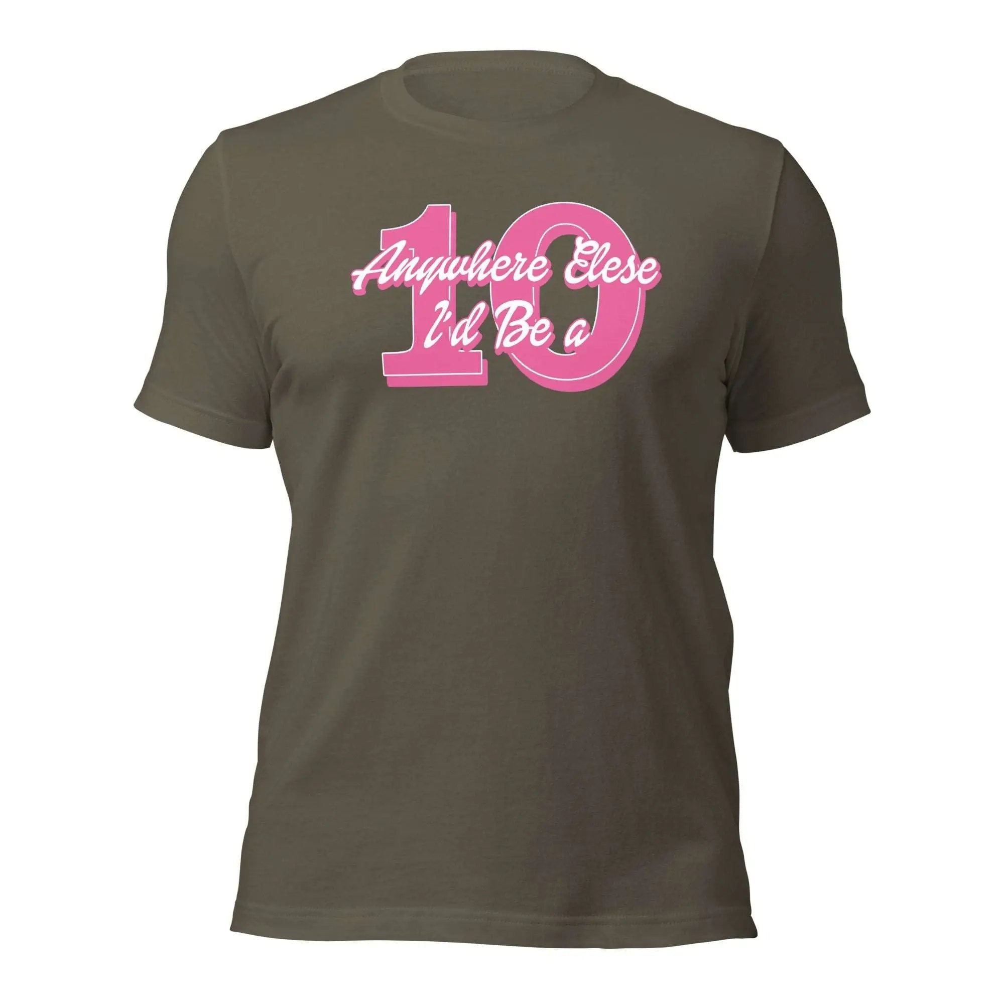 a brown t - shirt with pink lettering on the chest