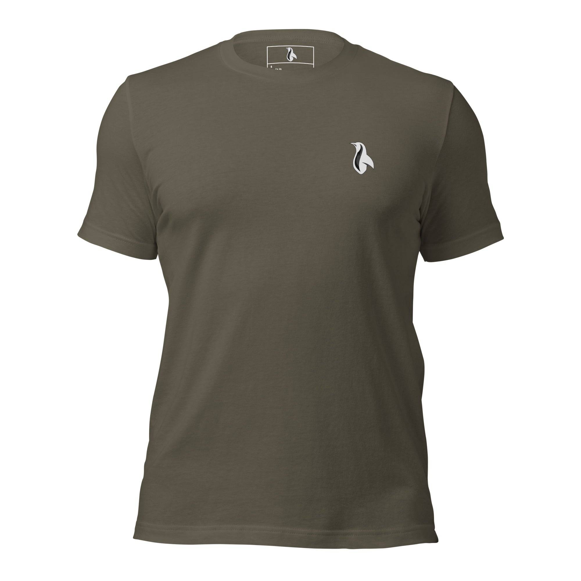 a brown t - shirt with a white logo on the chest