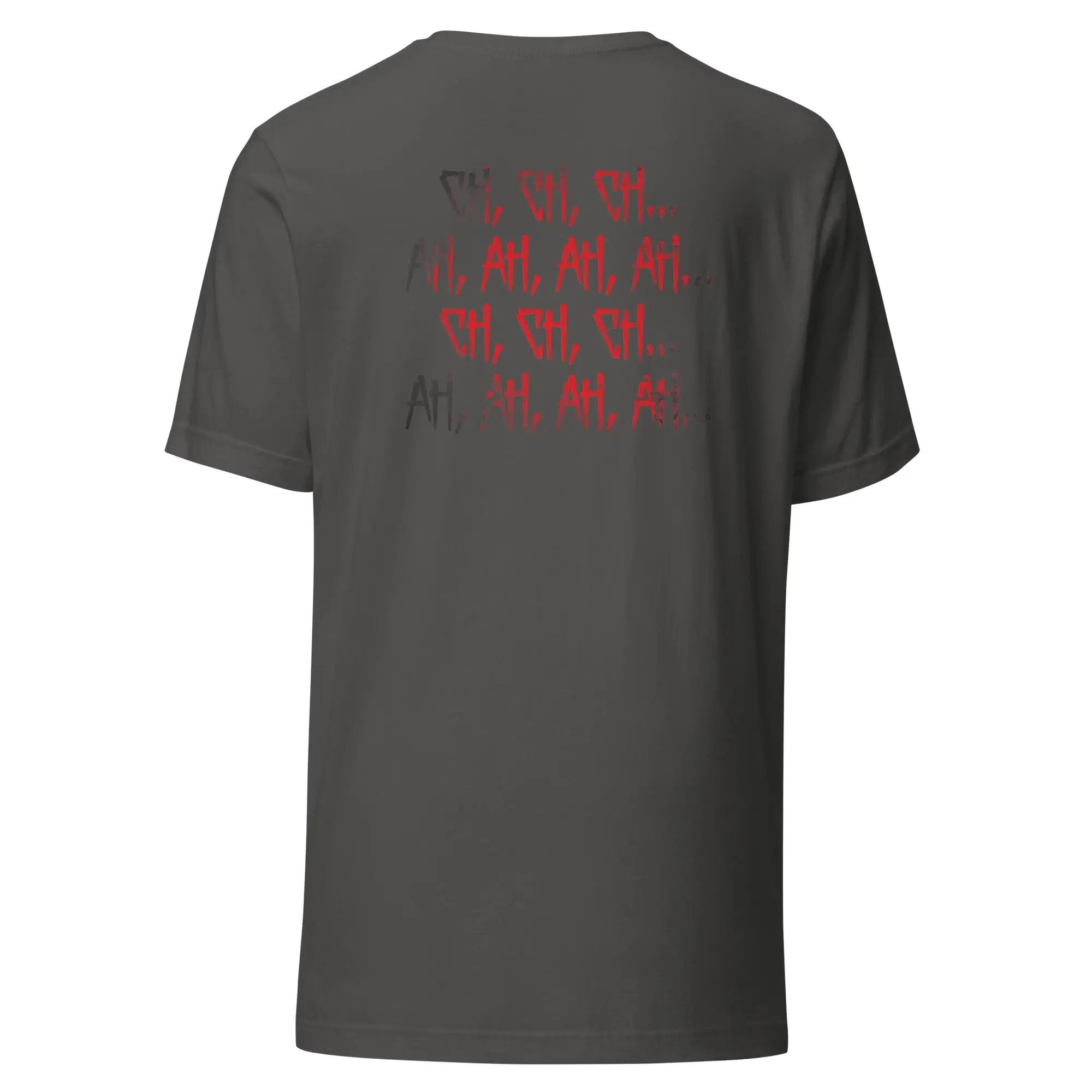 a grey t - shirt with red writing on it