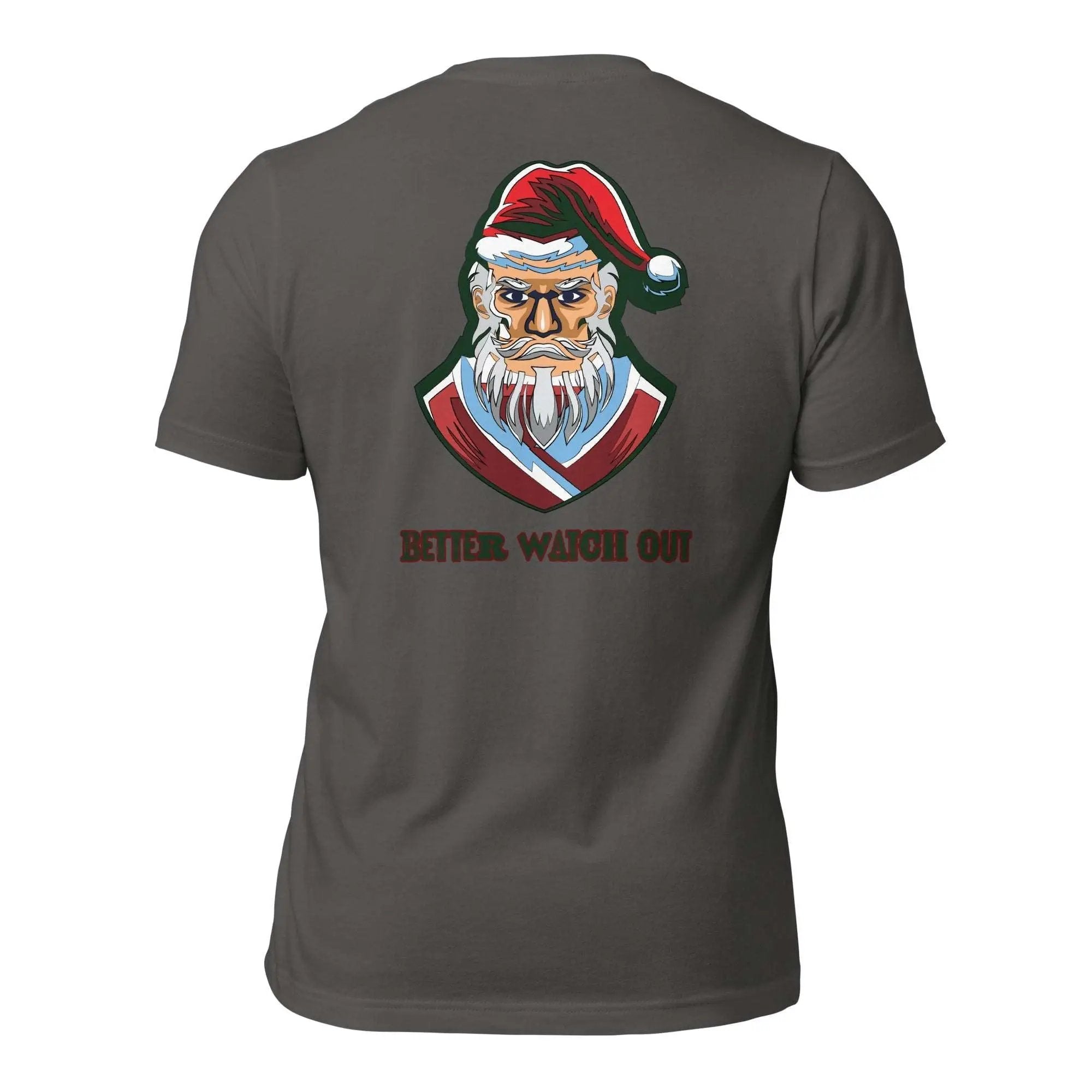 a grey t - shirt with a santa clause on it