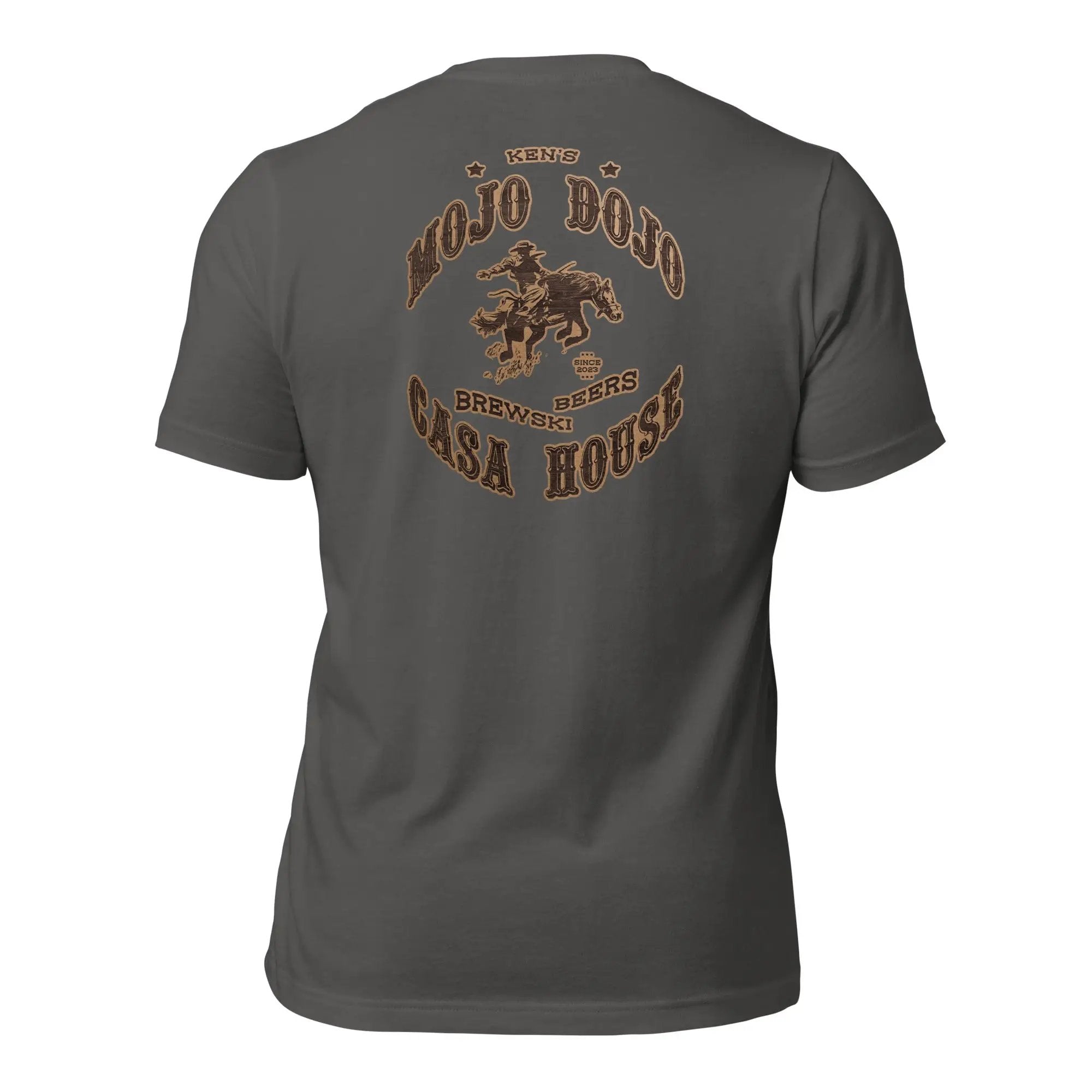 the back of a gray t - shirt with an image of a cowboy riding a